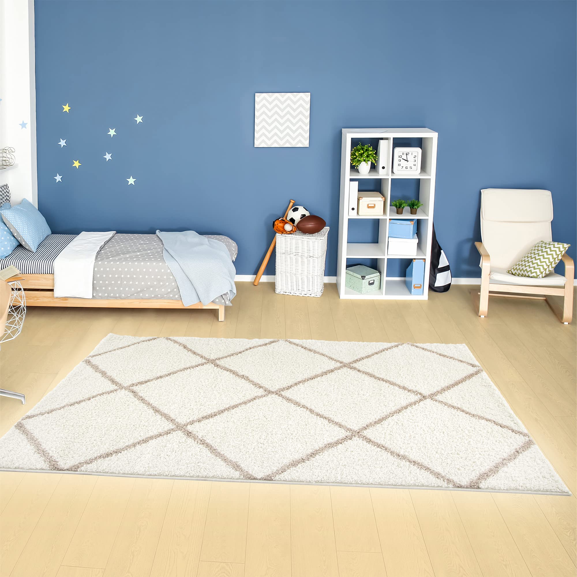 THE RUGS Shaggy Rug, Modern Moroccan Design Rugs for Living Room Bedroom, Hallway, 3 cm Thick Area Rugs, (Diamond Ivory/Beige - Image 3