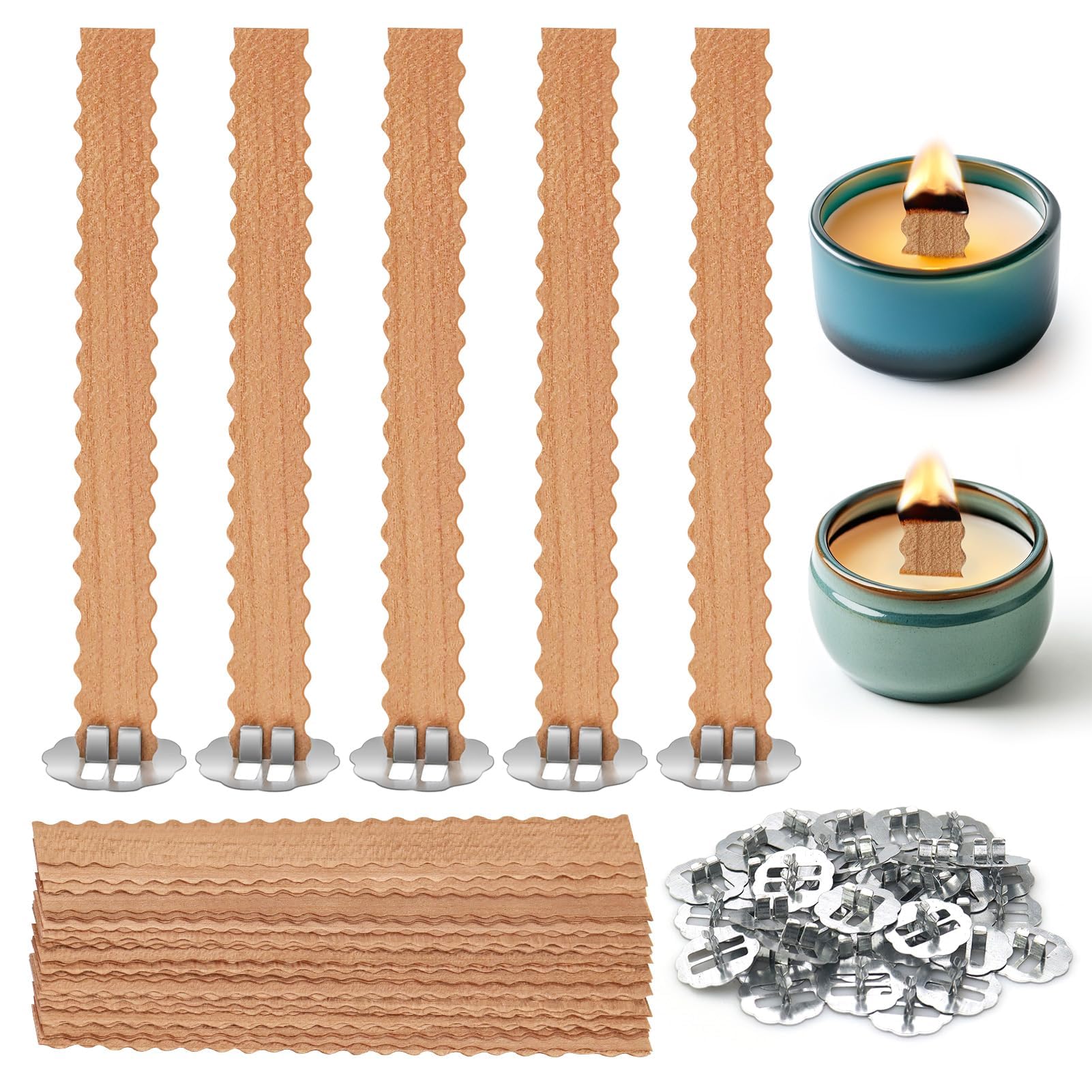 100 Pcs Wooden Candle Wicks for Candle Making, Wave Wood Wicks with Metal Clips and Stand, Smokeless Candle Making Supplies for DIY Craft, Durable Wood Wick Set for Handmade Candles (50 Sets)
