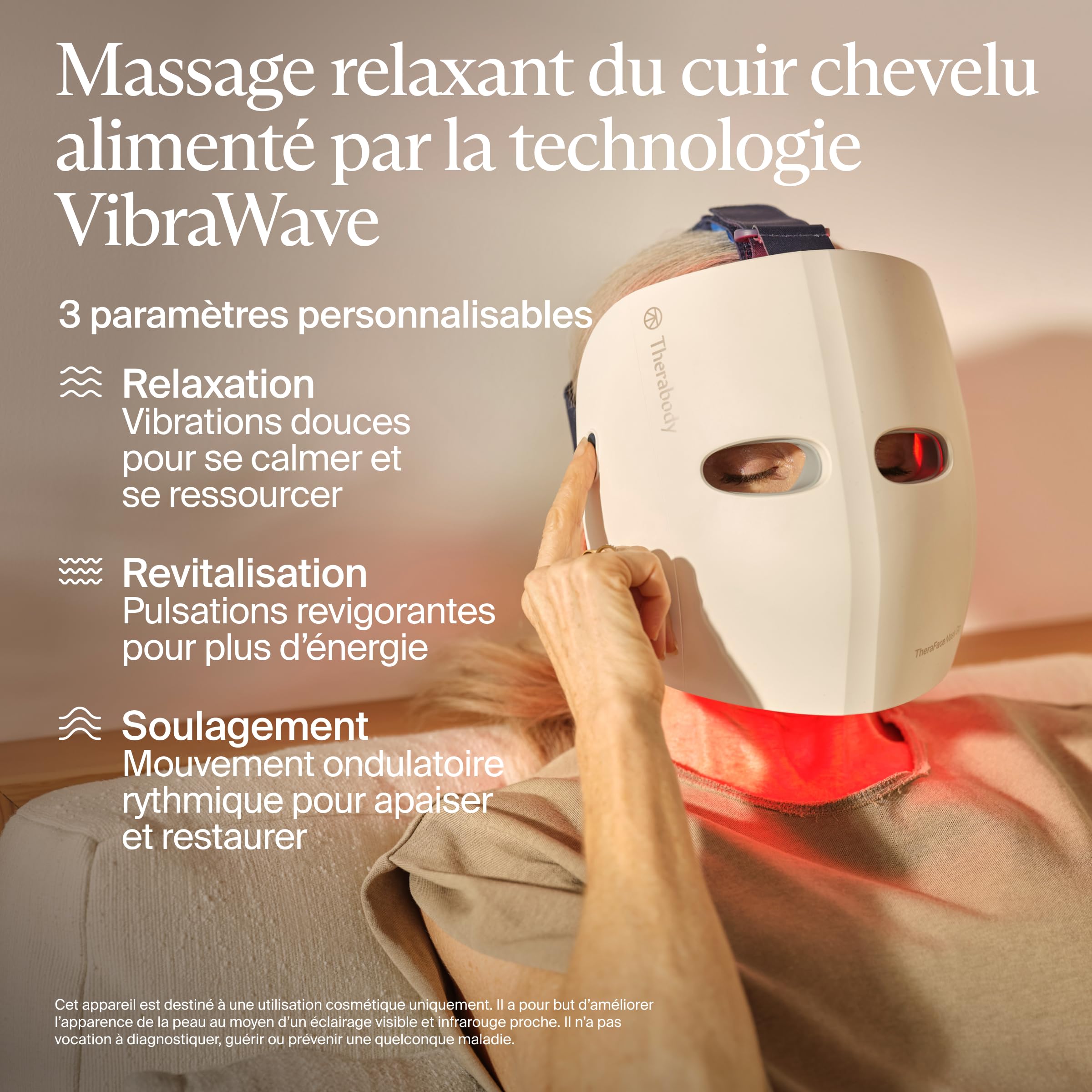 Therabody TheraFace Mask Glo | Masque LED sans Fil pour Les Soins de la Peau avec lumière Rouge, Bleue et Infrarouge et Massage apaisant du Cuir chevelu pour Une Peau radieuse et éclatante