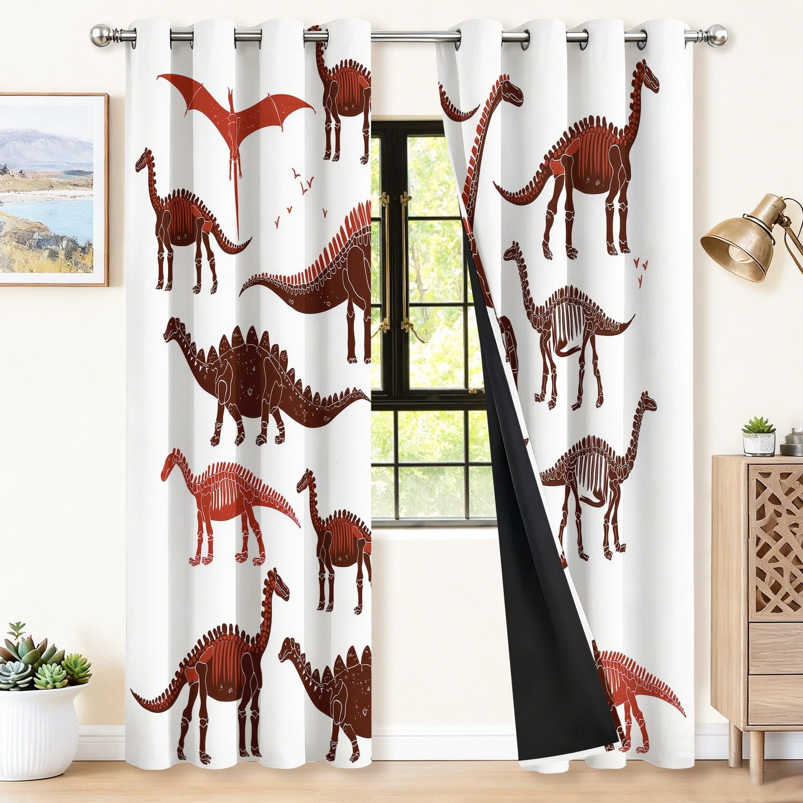 Rideaux Isolants 110L X 215H cm (2 Panneaux), Design Moderne Squelette De Dinosaure Marron, Tenture Opaque Anti-Chaleur pour Chambre Principale, Blanc
