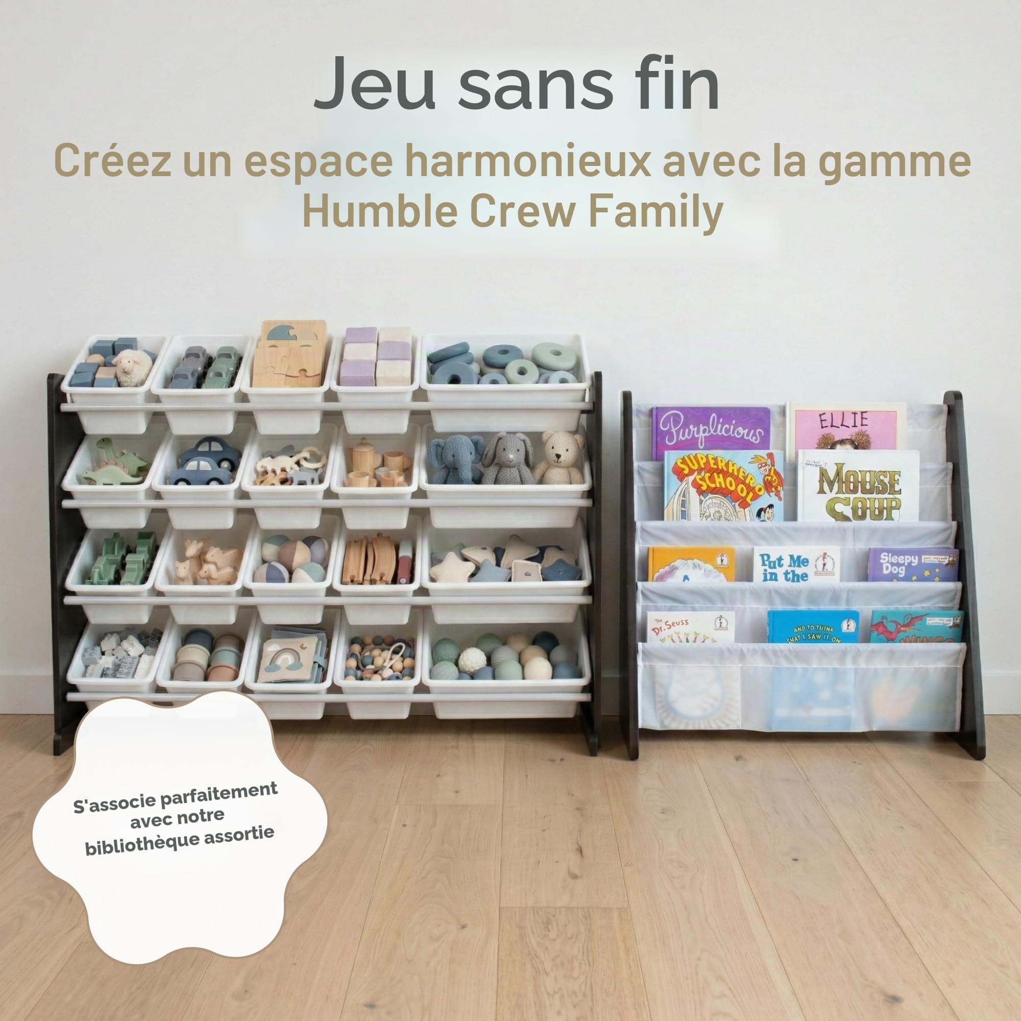 Humble Crew Étagère pour enfants, étagère et organisateur de jouets avec 20 boîtes de rangement, marron foncé/blanc