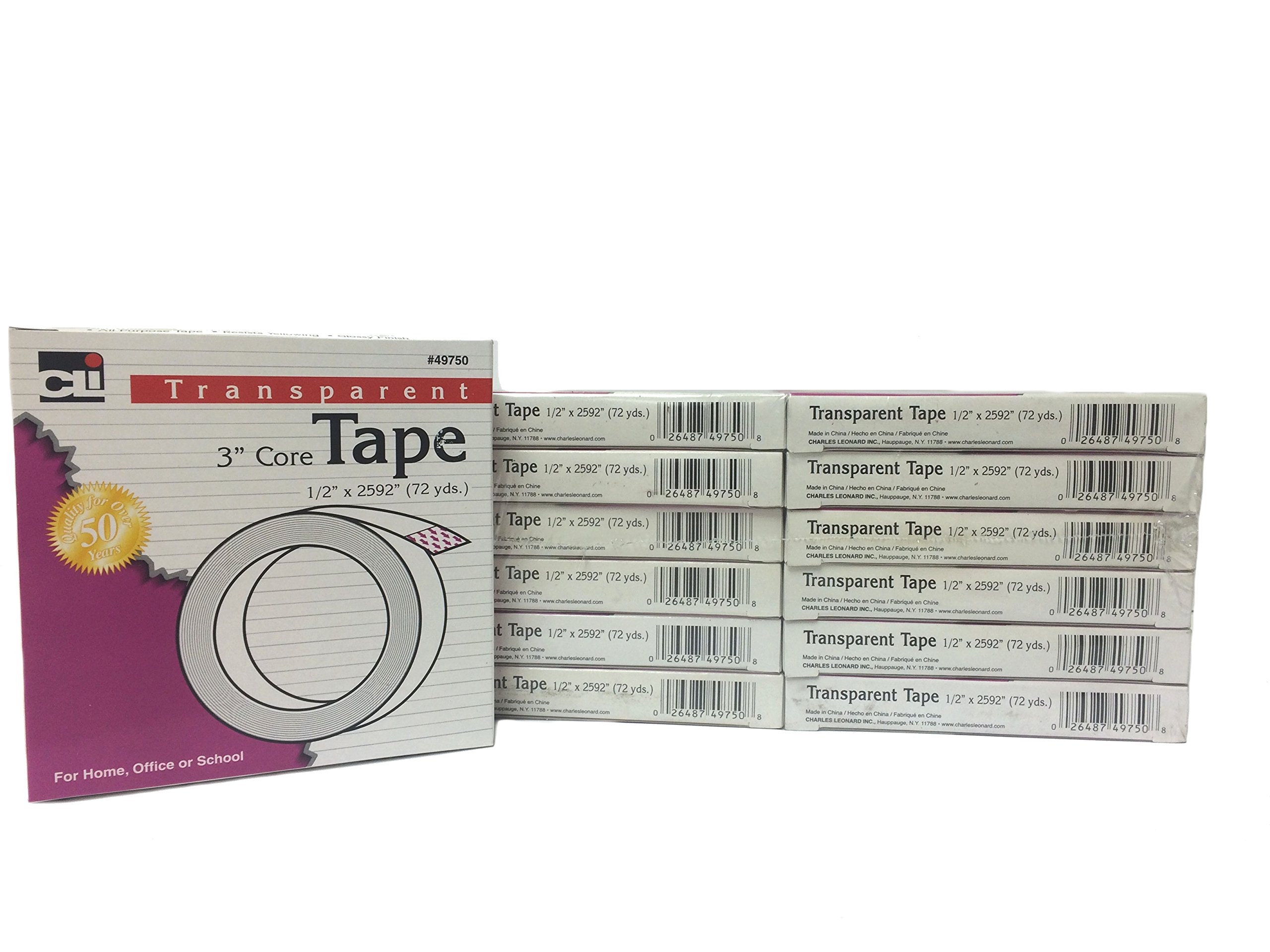 Charles Leonard Transparent Tape, 1/2 Inch Wide x 72 Yards Long, 3 Inch Core, 12 Rolls (49750)