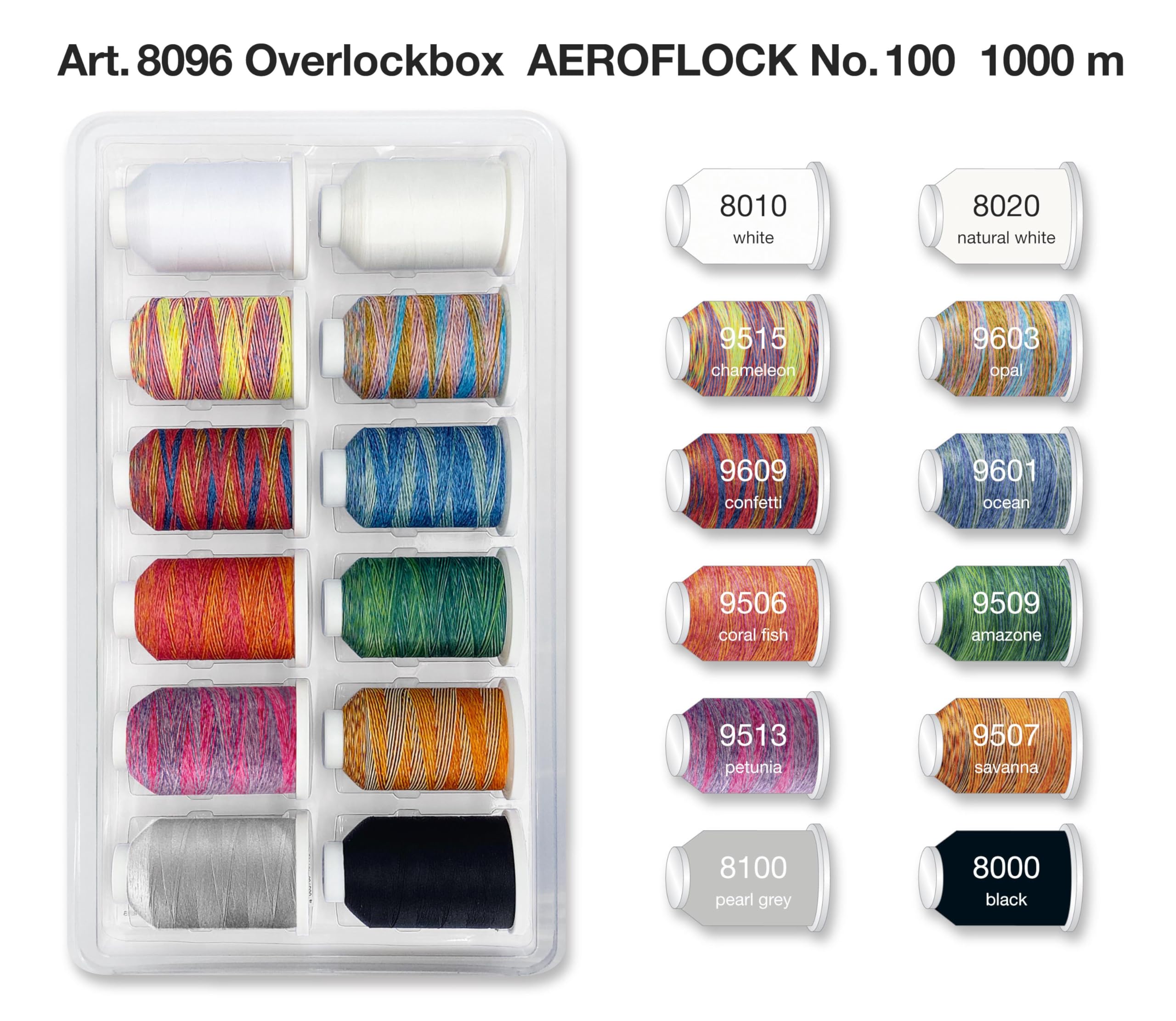 BLISTERBOX AEROFLOCK - Box: Aeroflock No.100: 12 x 1,000m: 8 Variegated & 4 Solid Colour Miniking Spools - Madeira