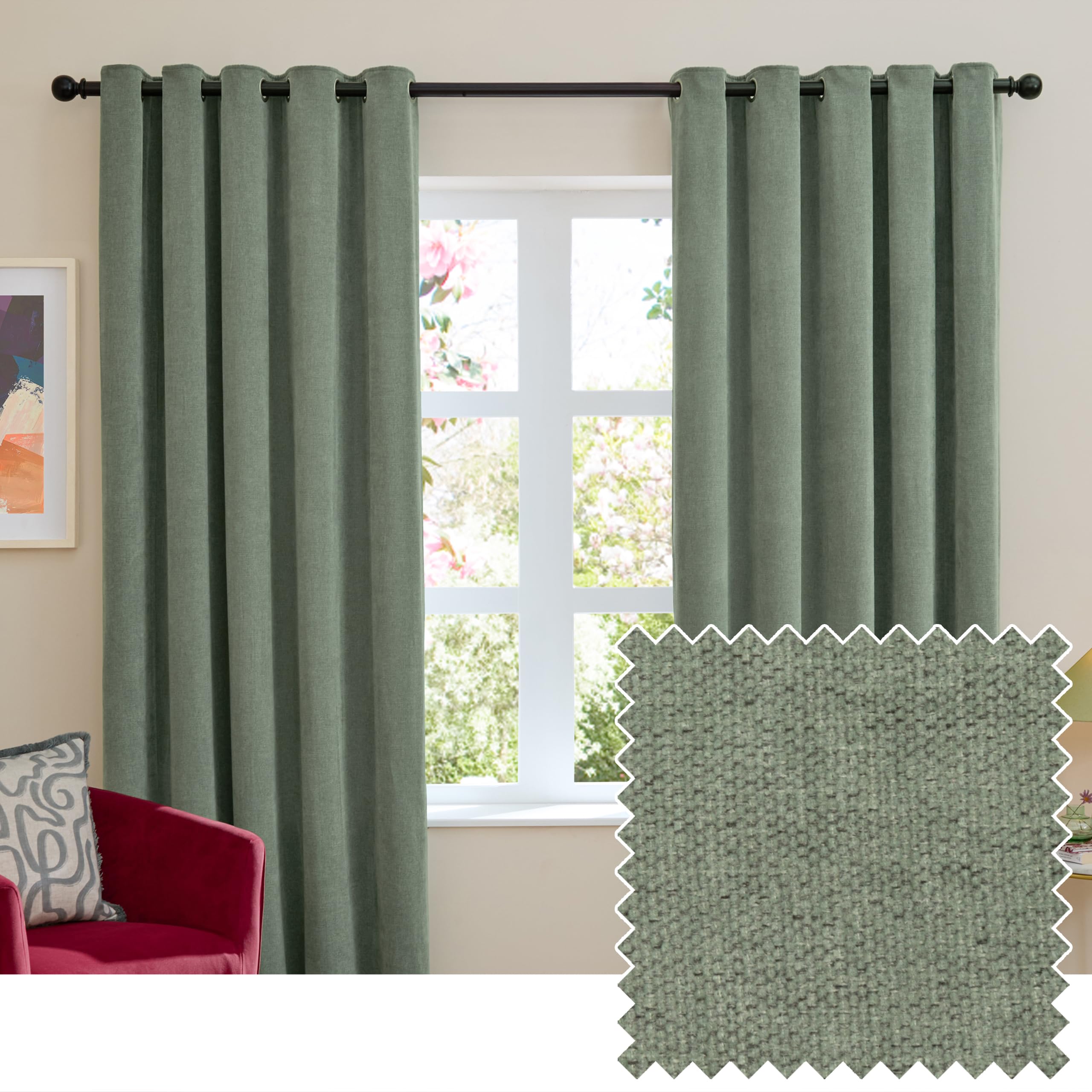 Furn Soft Chenille Blackout Eyelet Curtains - Green - 229cm
