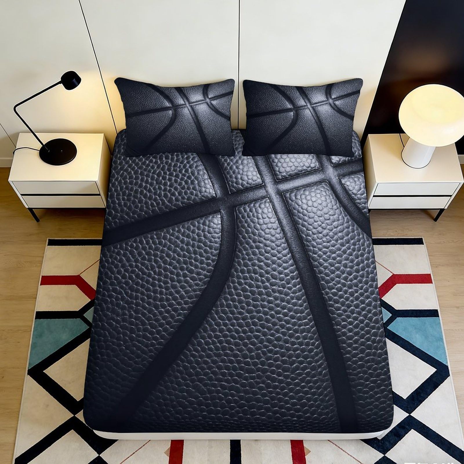 3D Printed Black Basketball Fitted Sheet Microfiber Durable Soft 3D Printed Basketball Pattern Mattress Cover for Bedroom Dormitory Guest Room 120x200x25cm