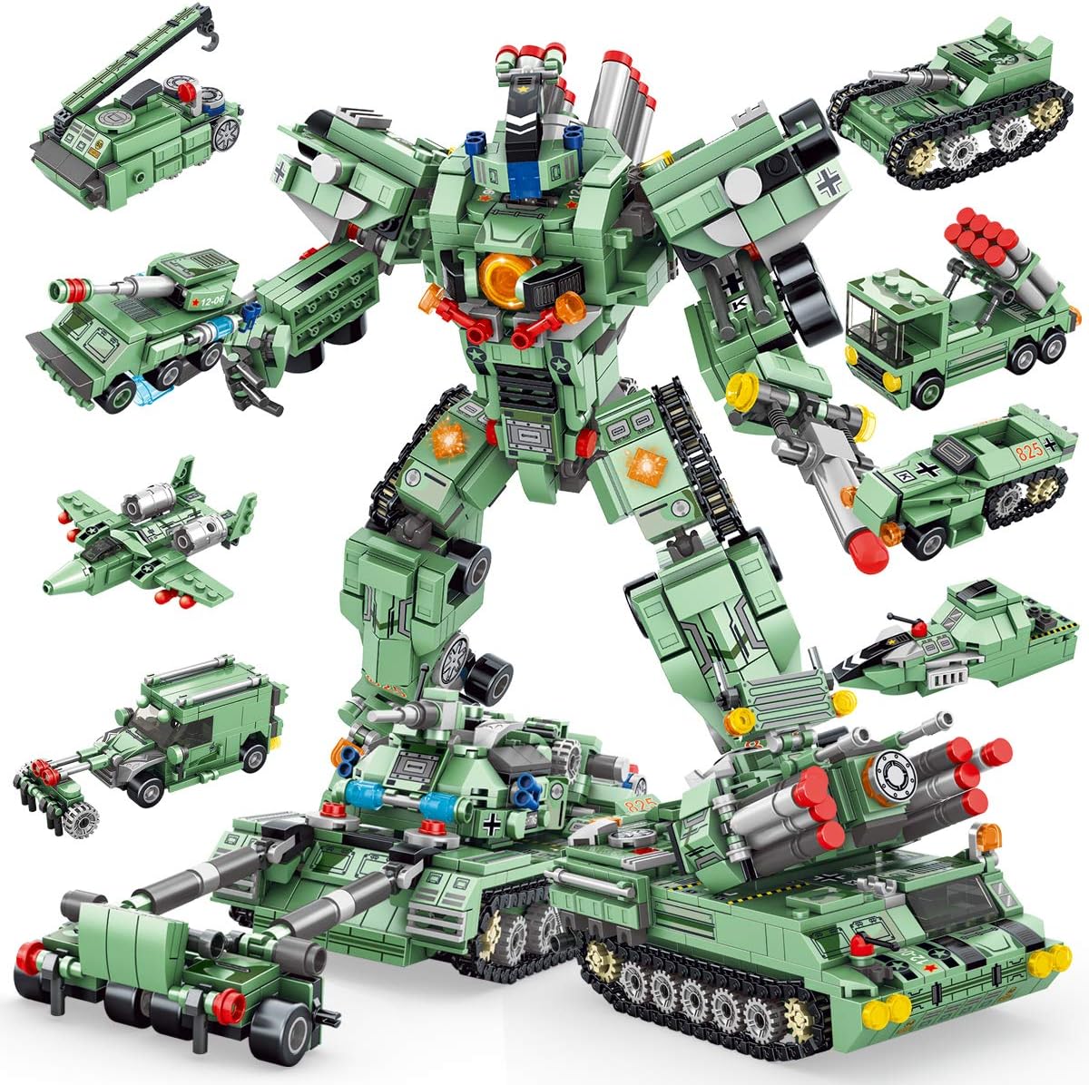 PANLOS 832 PCS Robot Building Kit, 8-in-1 Kids Model Army-Military Truck Engineering Construction Vehicle Building Blocks Set, STEM Learning Building Bricks Toys for Kids Age 4-8