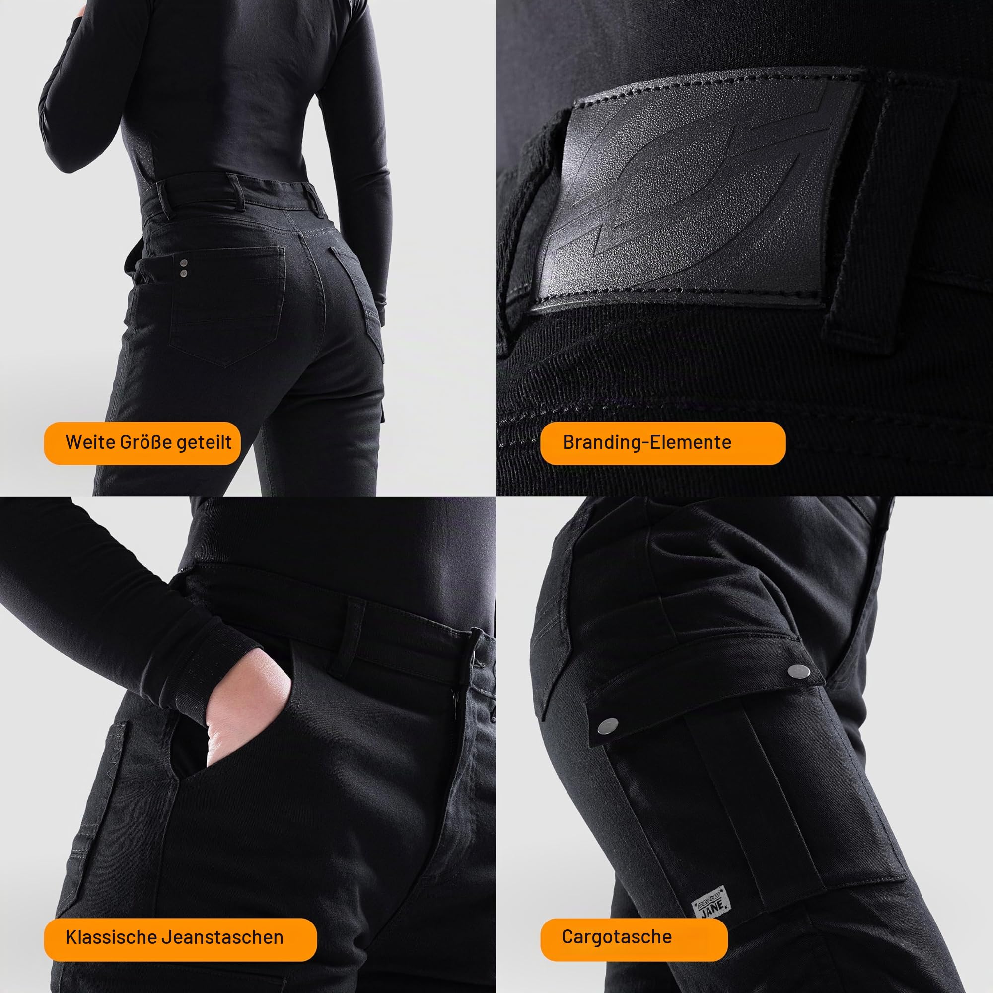 OZONE MOTO Jane Lady Motorradjeans Damen | Aramidfaser Futter | Knieprotektoren Stufe 2 | Taschen für Hüft und Steißbeinprotektoren | Cargotasche | Jogger Fit