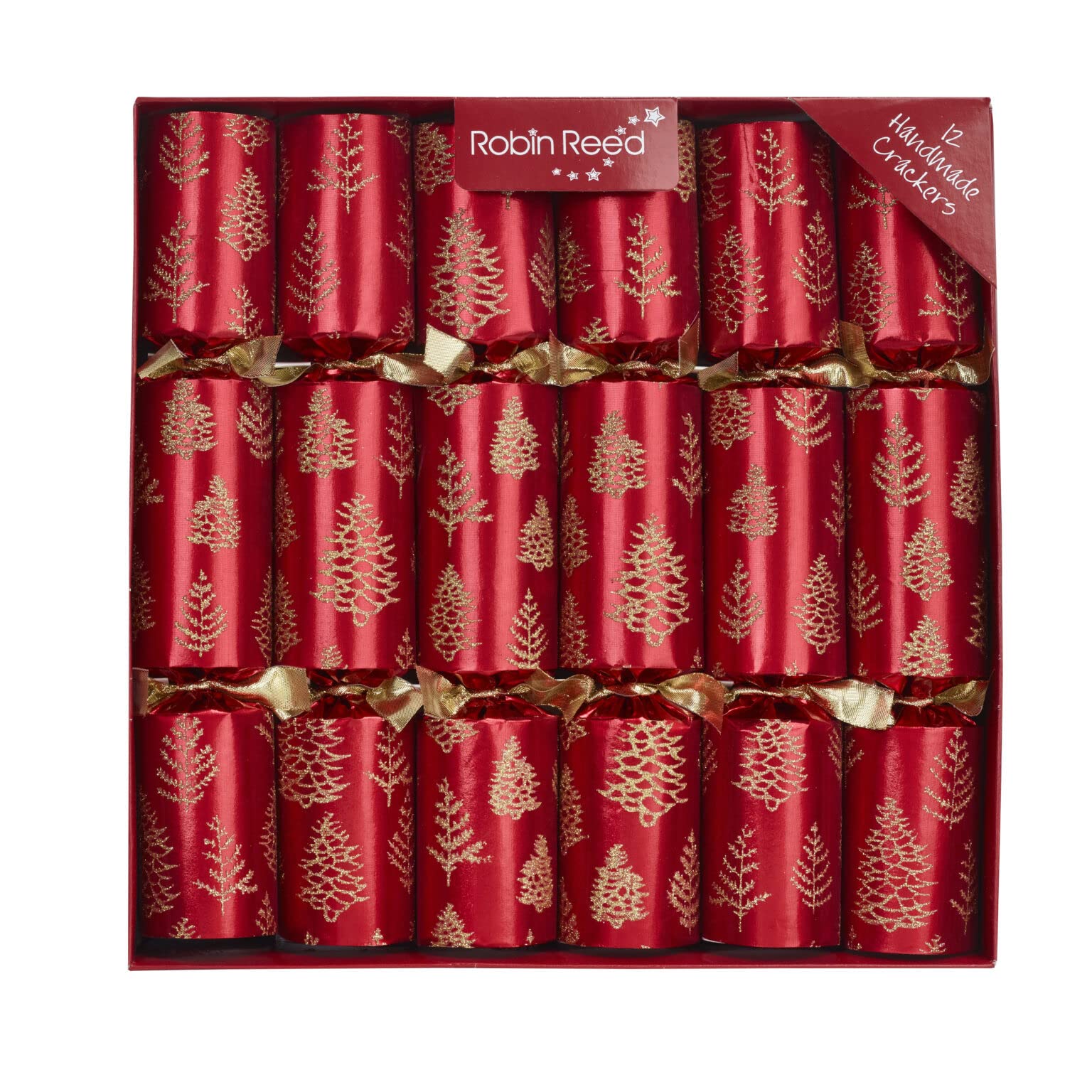 Robin Reed Tree Flakes Red Christmas Crackers, Handmade Holiday Party Favors with Gold Trees, Traditional Gifts and Jokes, 12 Pack