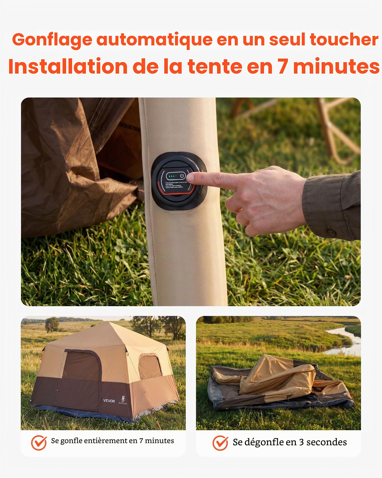VEVOR Tente Gonflable 8 Personnes Pompe Rechargeable Tente de Camping Beige, pour Randonnée et Pique-niques en Famille, avec Tubes d'Air en TPU, 4 Grandes Fenêtres en Maille, Sac de Transport Portable