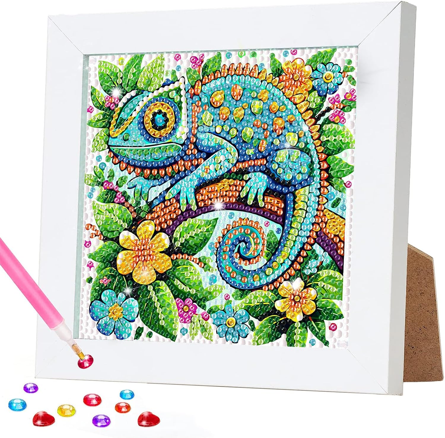 RICUVED Animal Diamond Art Kits with Frame, Green Diamond Painting Kit for Adults Beginners, DIY Chameleon Mosaic Gem Kits Art and Crafts for Gift Home Decor