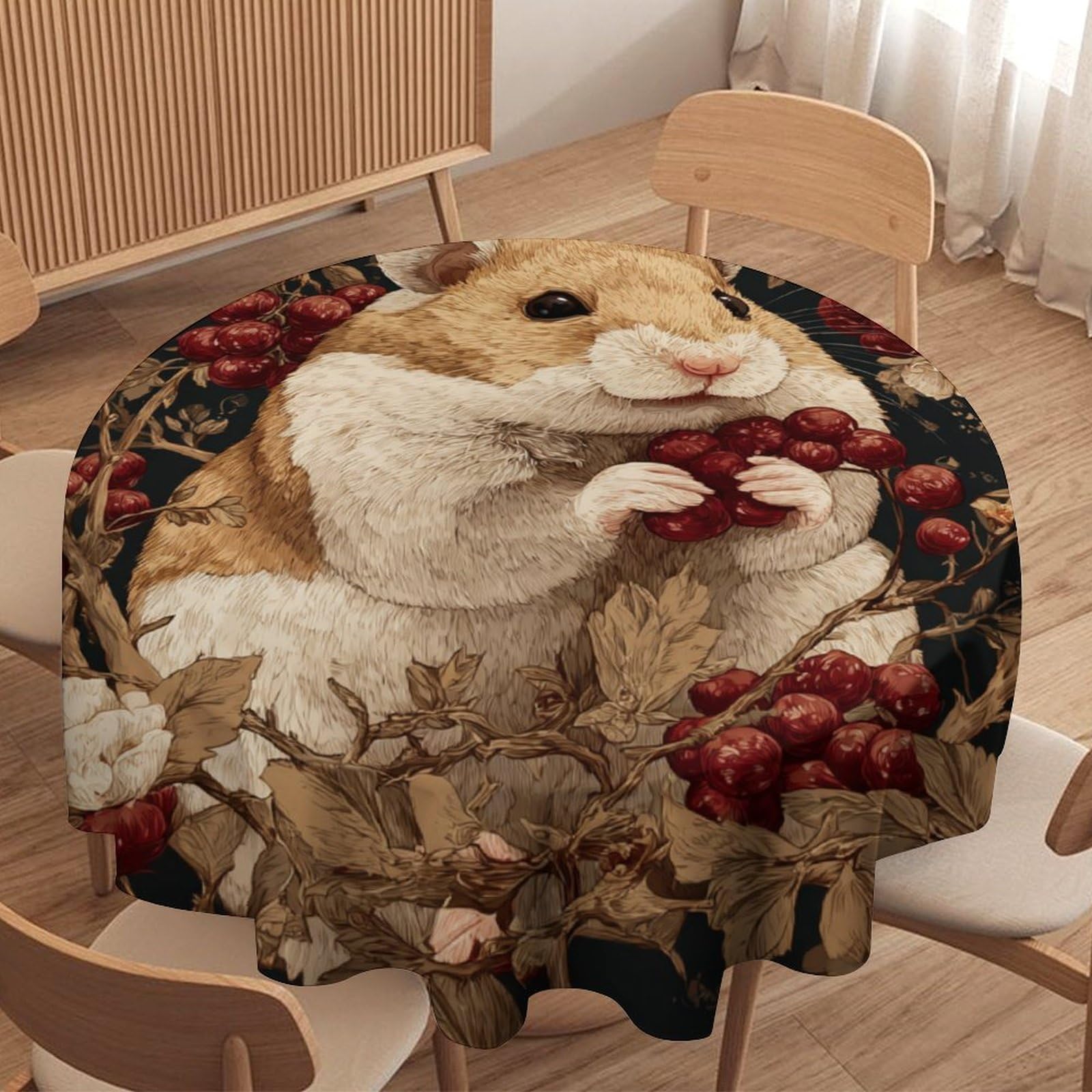 Luyysky Beautiful Abstract Hamster Waterproof Round Tablecloth Modern Rustic William Morris Plants Fruit Berry Animals Hamster Washable Table Cover For Kitchen-152.4" Wx152.4 L Cm