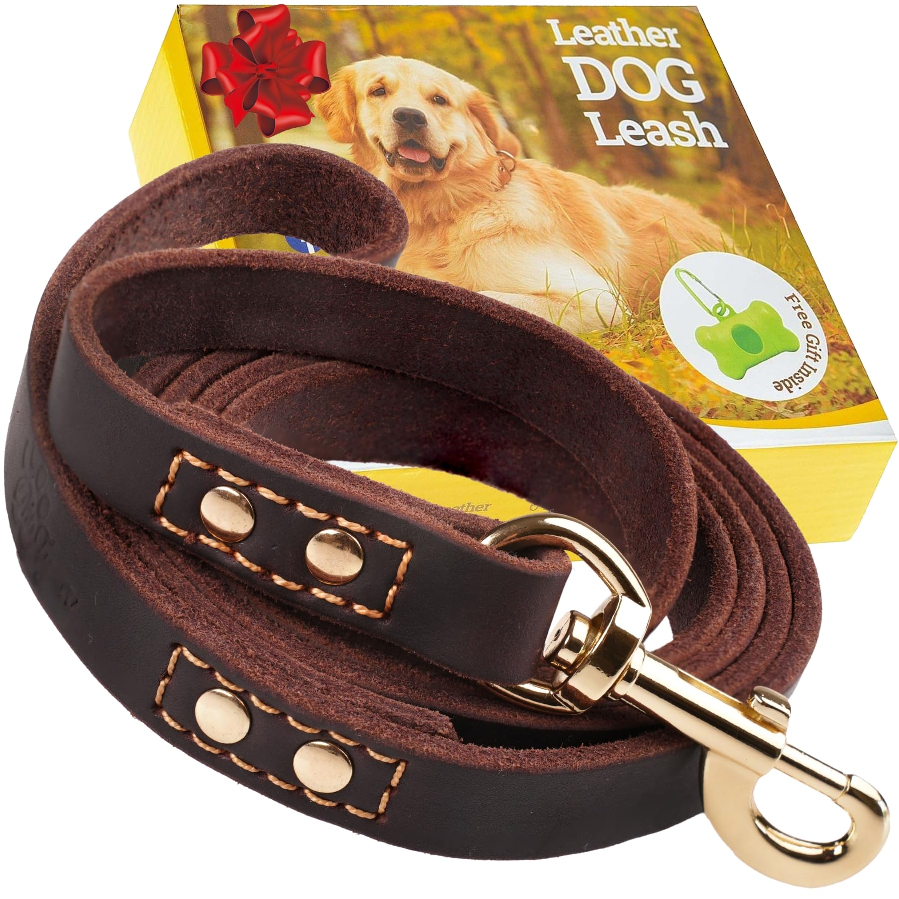 Leather Dog Leash 6 ft x 3/4 inch - Soft, Strong, Heavy Duty for Large & Medium Breeds - Dog Lead for Walking (Brown - Gold Colored Clasp, L - 6 ft x