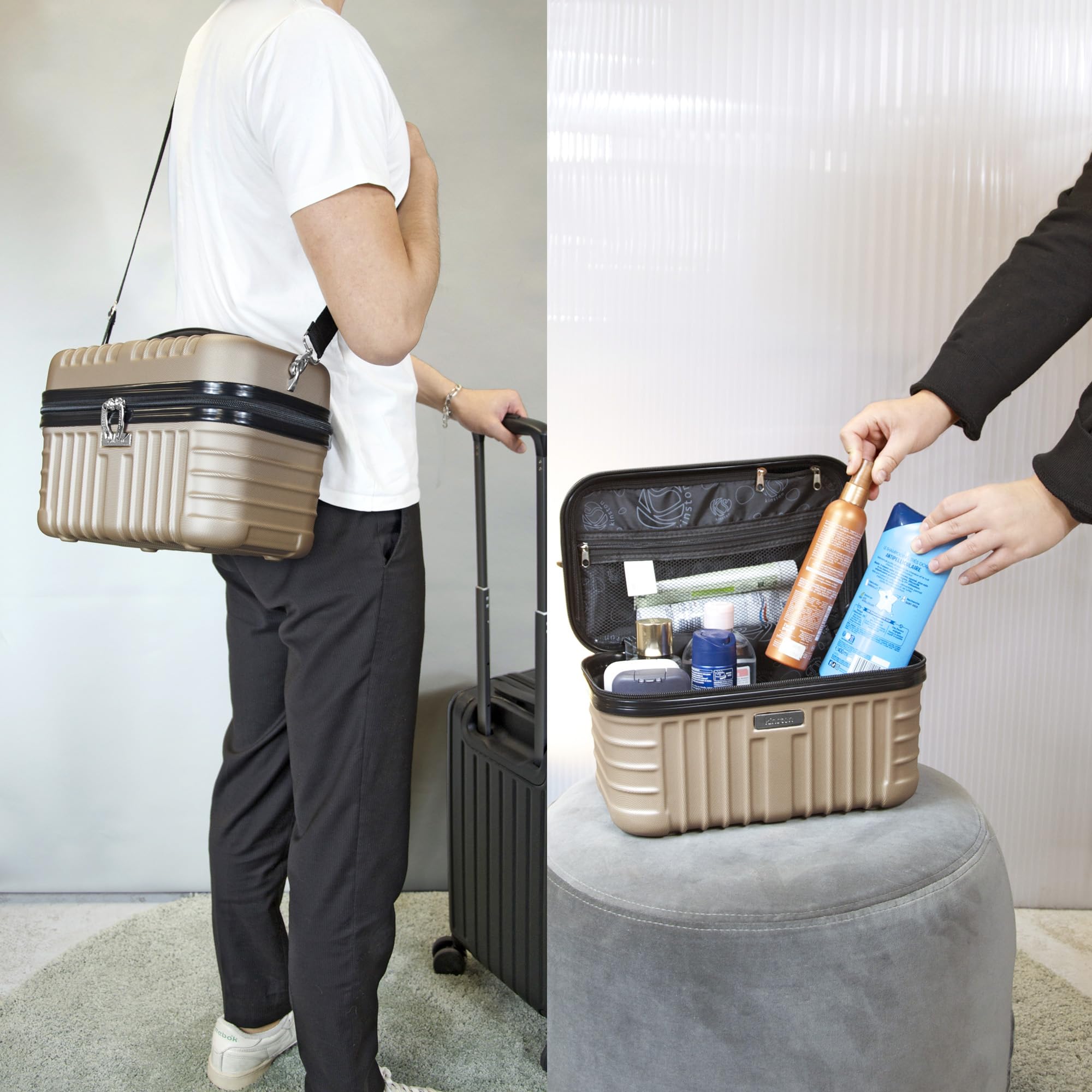 KINSTON Vanity - Estuche de Viaje Rígido con Muñeca, Organizador de Viaje, Caja de Almacenamiento, Gran Capacidad, Color Champagne, L 32 x H 24 x P 19 cm, Vanity RIGIDA Carcasa ABS
