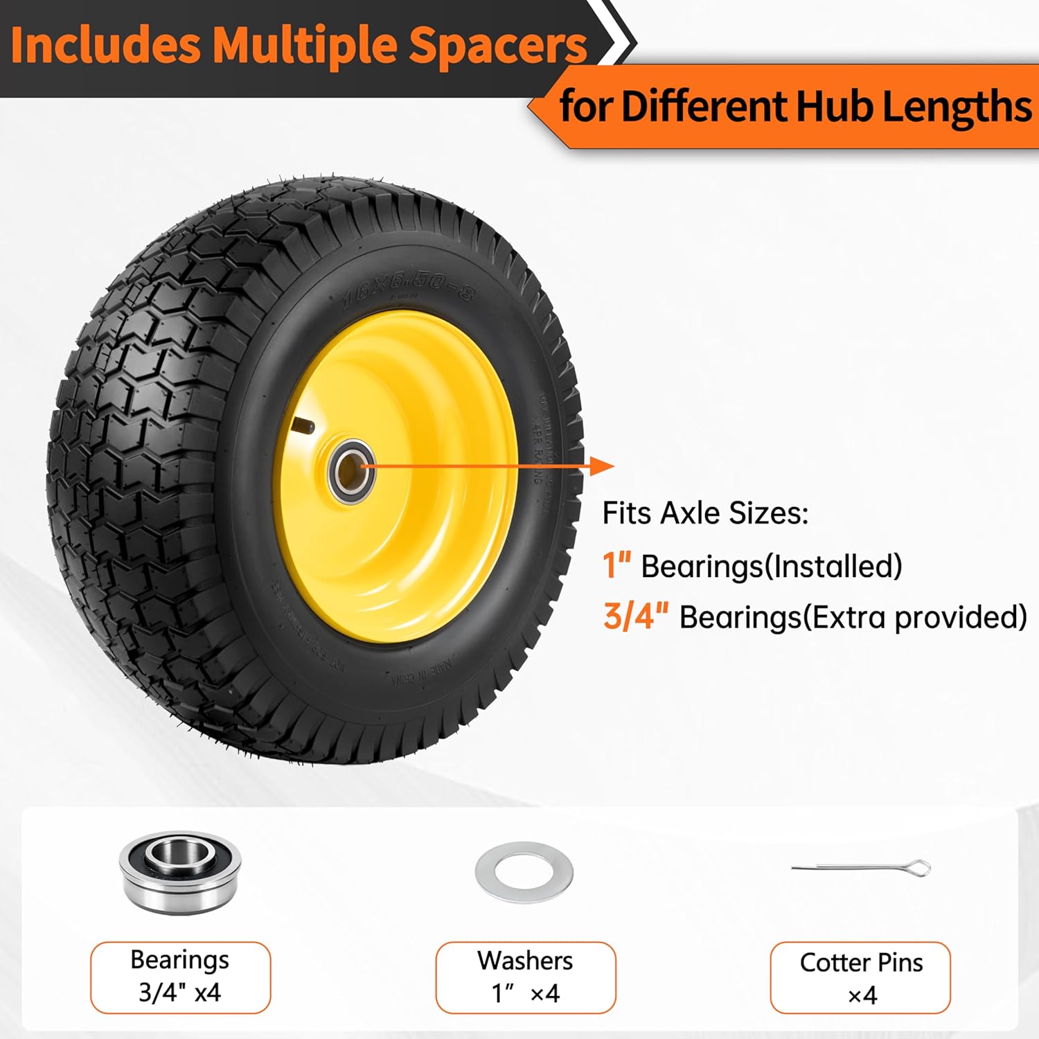 2 PCS 16x6.50-8 Tubeless Lawn Mower Tire and Wheel, 3" Offset Hub, 1"Bearing & (Extra 3/4"Bearing),Fit for Riding Mowers, Garden Tractor Front Wheel, and More, 4 Ply Tubeless, 35 PSI, 715 lbs Capacity