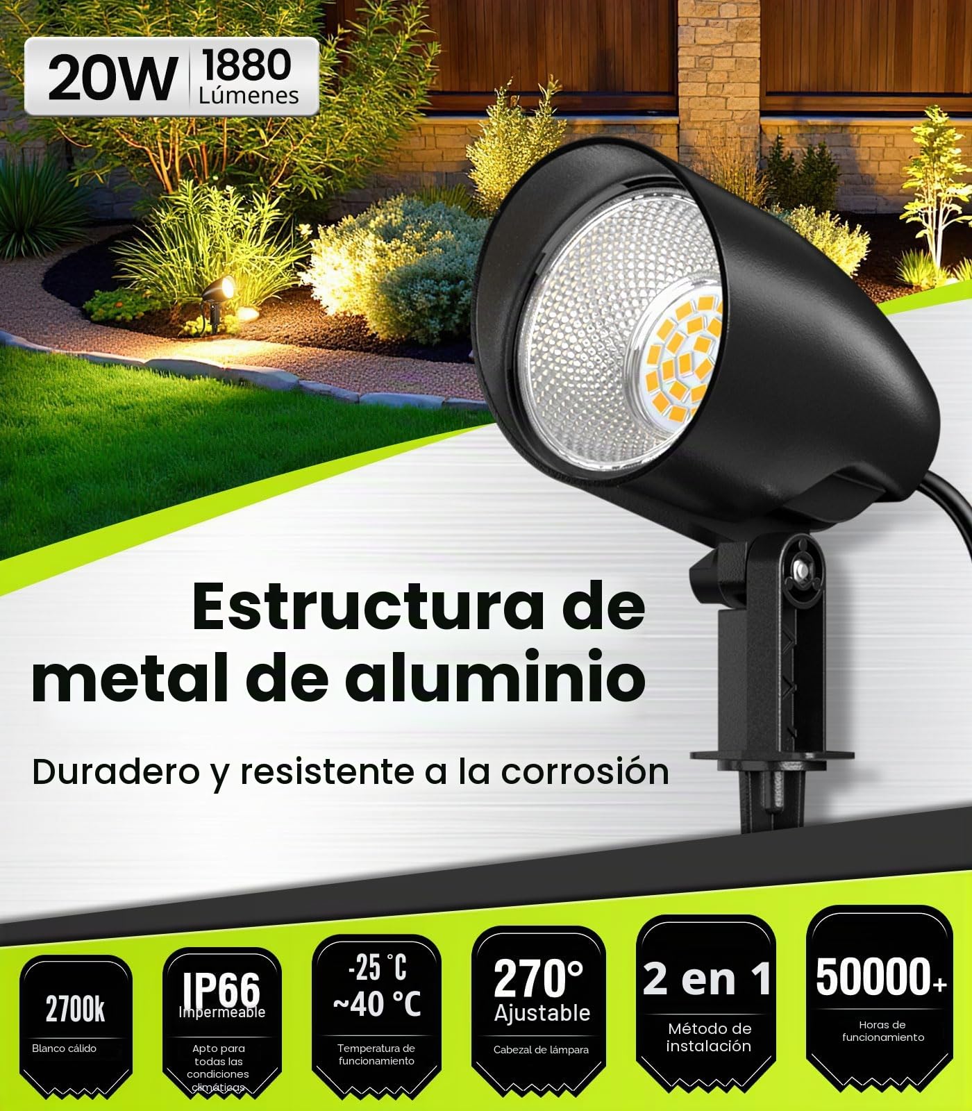 CLV Foco Proyector Exterior 20W 7520LM Focos Exterior Jardín Blanco Cálido | 2700K Lámpara De Césped Cuerpo De Aluminio IP66 Impermeable Luces LED Jardin Con Enchufe EU Para Camino Patio 4 Piezas