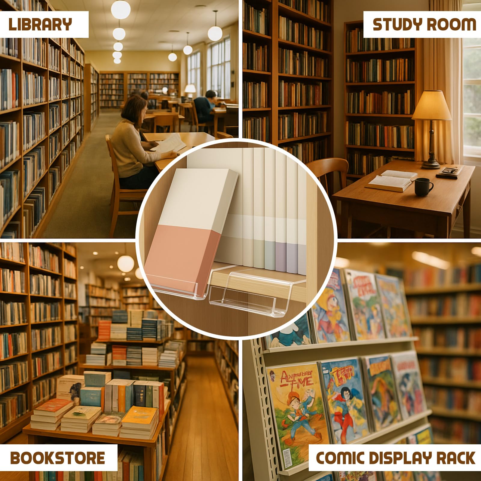 Confezione da 8 supporti per libri in acrilico per libreria, libreria, espositore trasparente, supporto da collezione per biblioteca, casa, ufficio, fumetti, CD, riviste, cartoline, opere