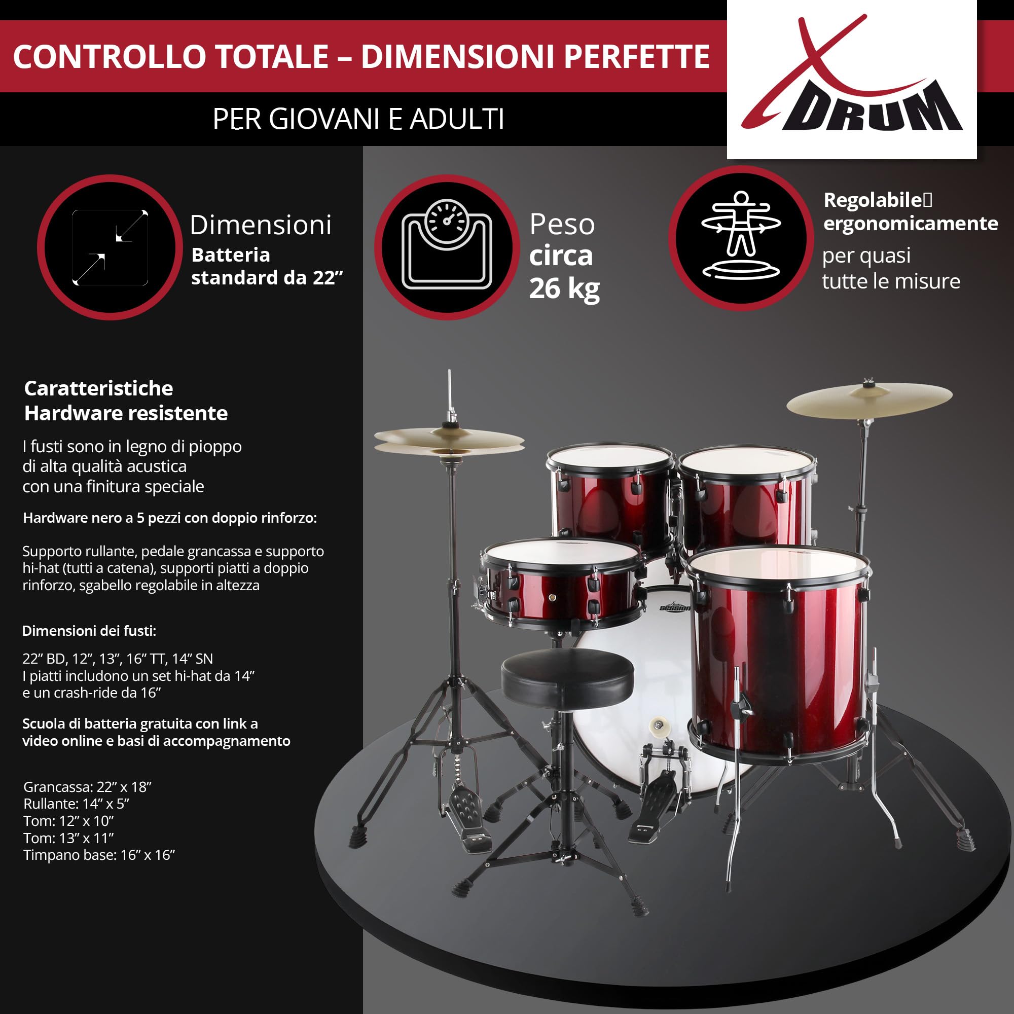 XDrum Rookie 22" Standard Set Batteria Completa Ruby Red - Ideale per Principianti - Hardware Elegante in nero - Incl. Bacchette 5B, Istruzioni di Montaggio e Scuola di Batteria - Rosso