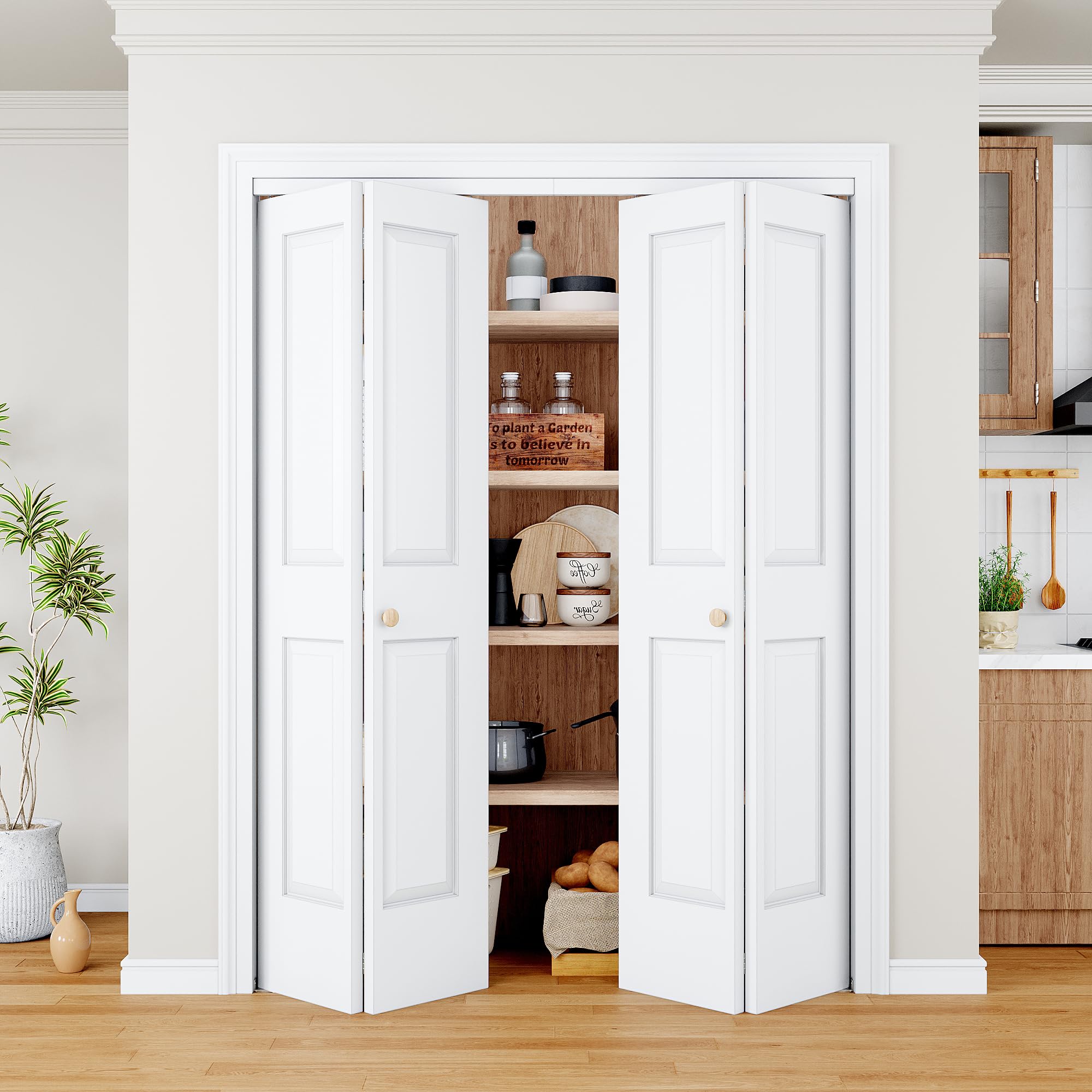 bifold door for 60" x80 opening, 4-panel shaker style folding door, primed | hollow core pre-assembled interior barn doors panels for closet/pantry/laundry, paintable interior door with hardware kit