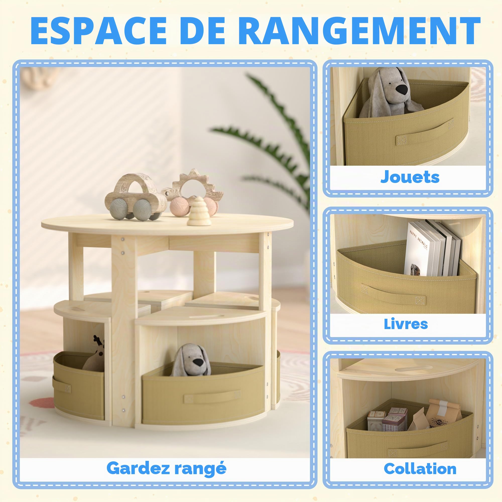 Puecrof Table pour enfant avec 4 tabourets et espace de rangement - Salon rond en bois pour chambre d'enfant, jeu et bricolage - Design peu encombrant en blanc naturel