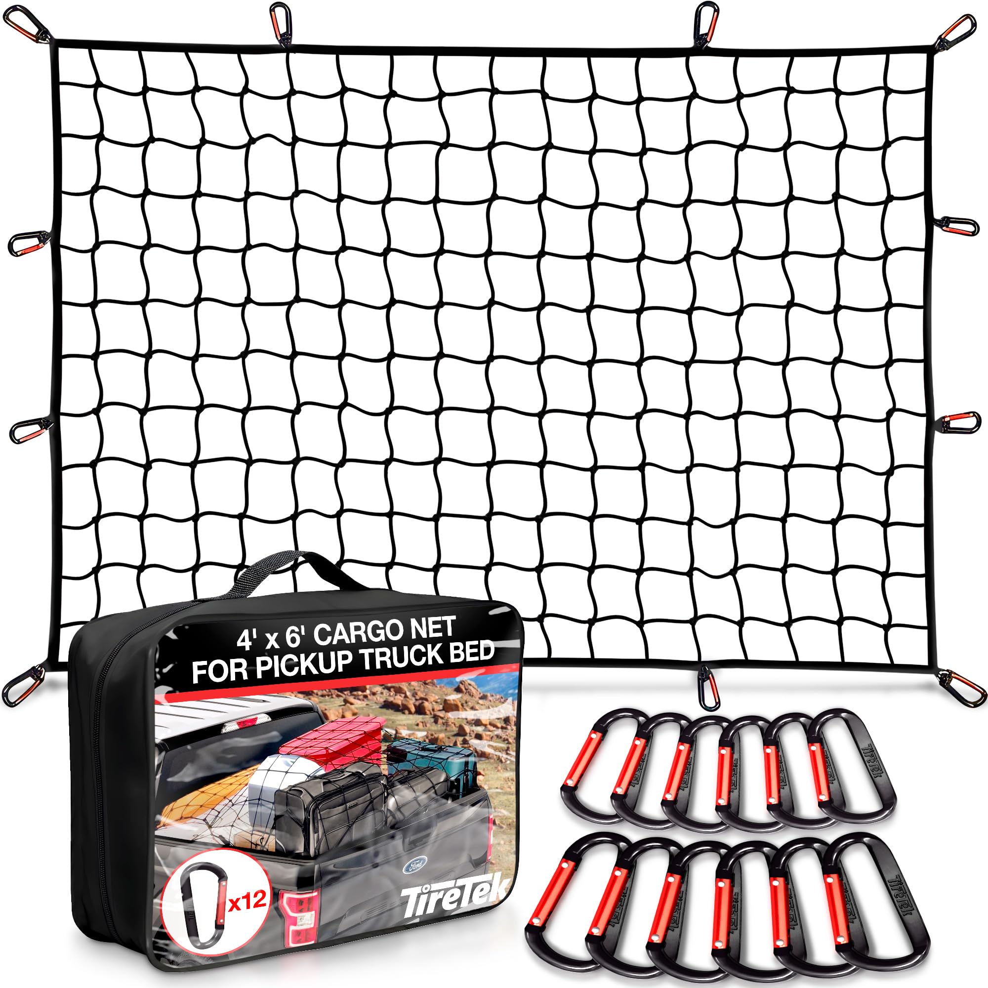 TireTek Cargo Net for Pickup Truck Bed- 4' x 6' Stretches to 8' x 12'- Heavy Duty Small 4”x4” Latex Bungee Net Mesh with 12 Metal Carabiners - Compatible with Ford, Dodge RAM, Chevy, Toyota