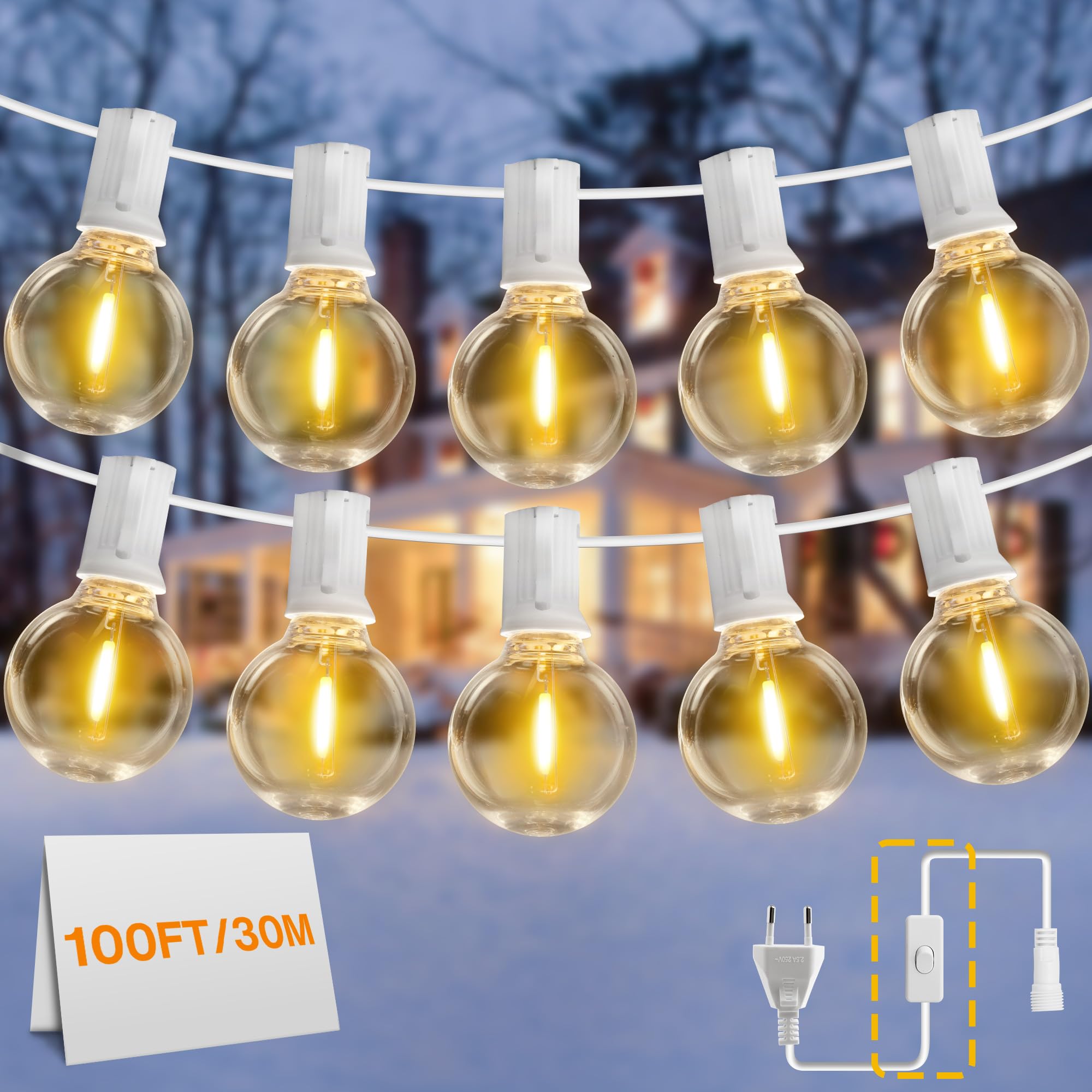 DSLebeen LED Lichterkette Außen Strom, 30M/100FT 35+2 G40 LEDs Lichterkette mit Leitungsschalter Wasserdicht und Bruchsicher Lichterketten für Garten, Balkon, Hochzeit, Party(Weißes Kabel)