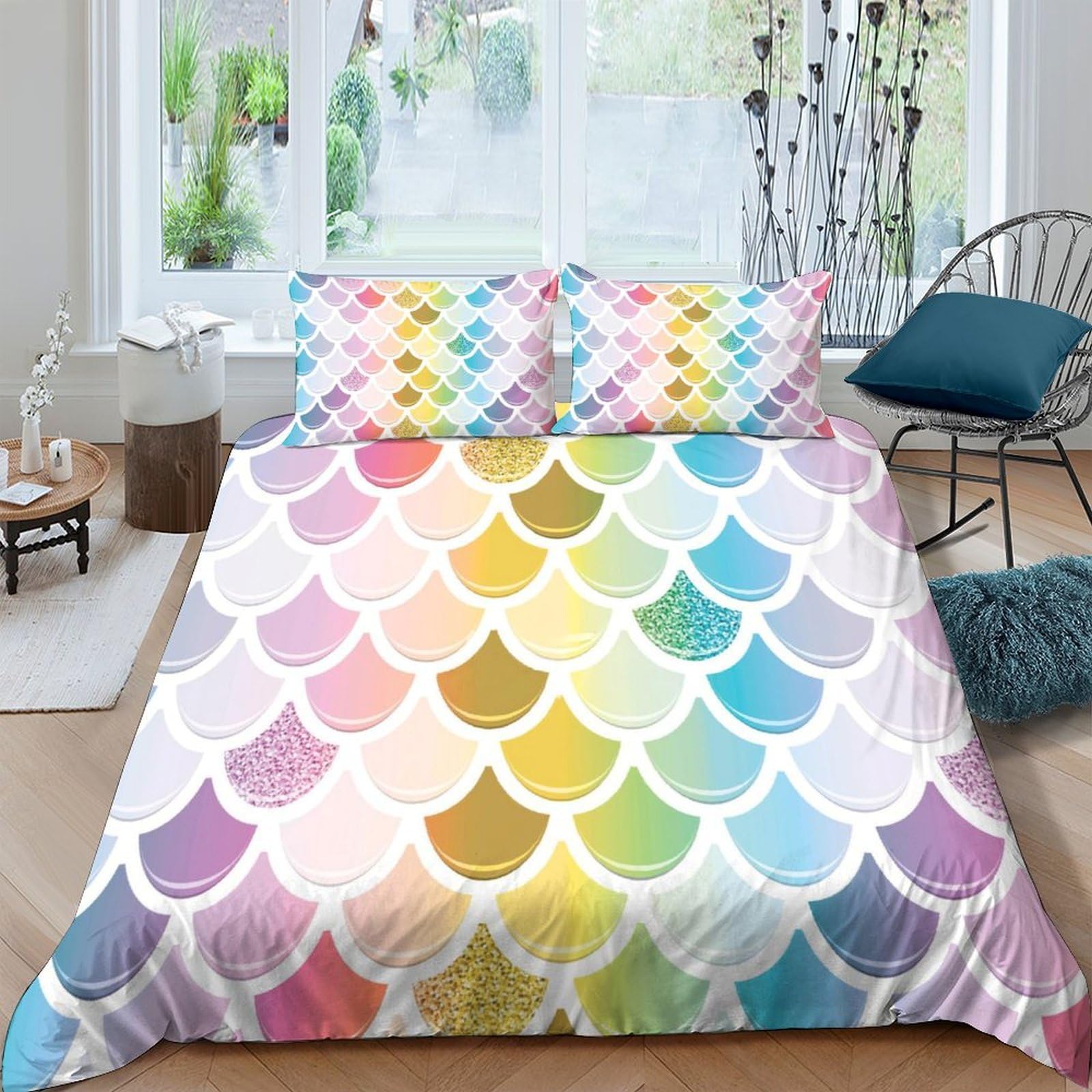 Ctjqhvkz Style-6 3D Printed Rainbow Mermaid Scales Fitted Sheet Microfiber Soft Breathable Pastel Mosaic Mattress Cover For Bedroom Guest Room Decor Single（135X200cm）