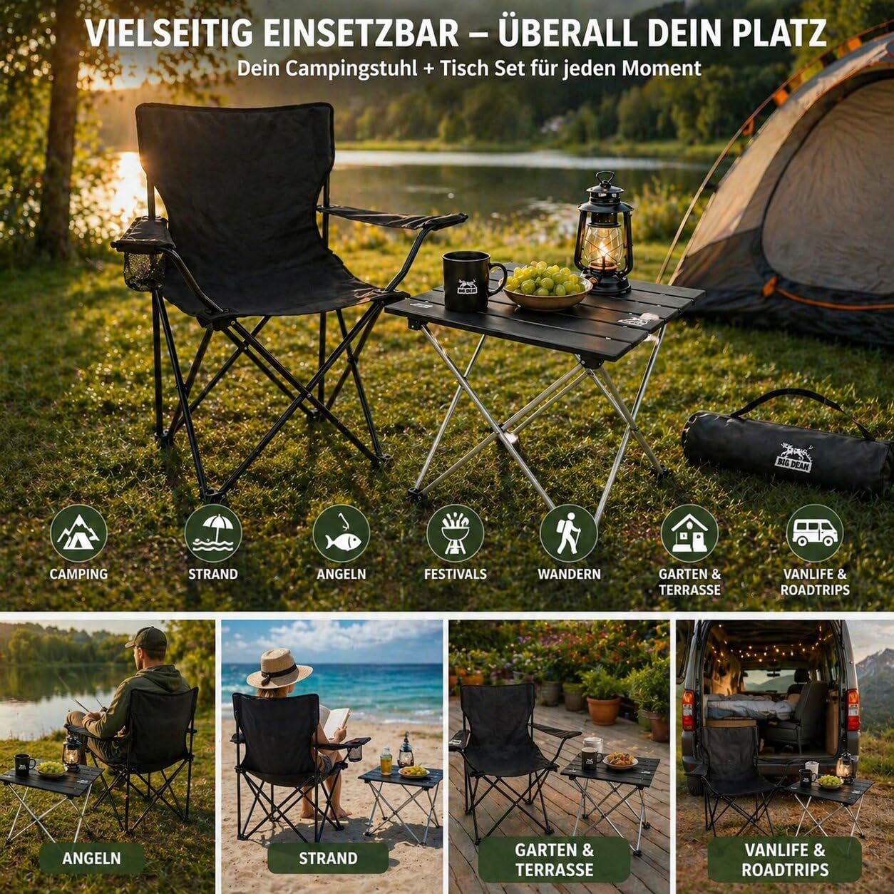 BigDean Campingstuhl mit Tisch Set klappbar – Camping Tisch Stuhl Set Campingstuhl faltbar Angelstuhl Faltstuhl Anglerstuhl - Camping Set Campingstühle Campingtisch mit Stühlen Anglersessel