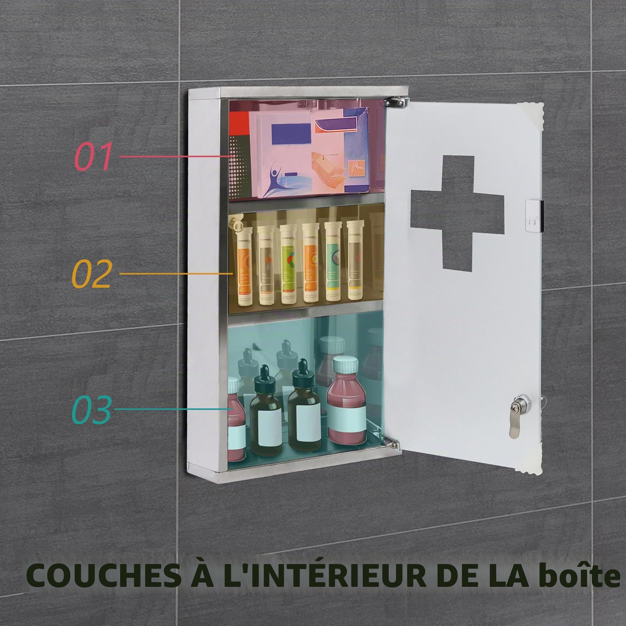 Armoire à pharmacie en acier inoxydable avec 3 compartiments, 30 x 12 x 50 cm