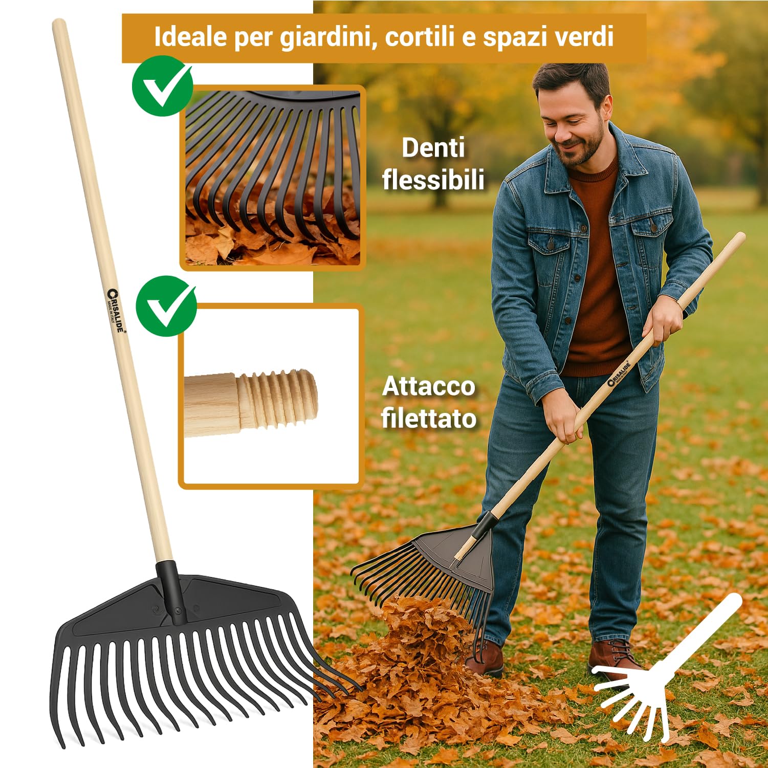 Crisalide® Rastrello da Giardino per Foglie con Manico in Legno 150 cm – Testa Larga in Plastica Flessibile – Ideale per Foglie, Paglia ed Erba – Attrezzo Leggero, Resistente e Maneggevole