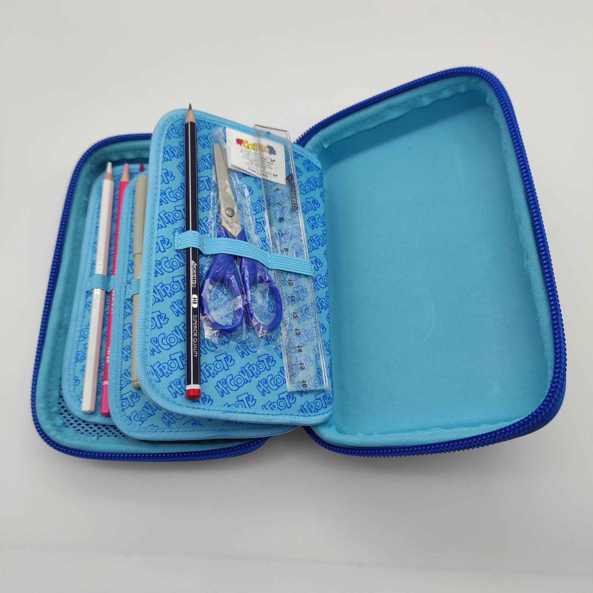 ME CONTRO TE ASTUCCIO ONE TIME RIGIDO COMPLETO CON UNA ZIP GRANDE COLORE AZZURRO LUI' E SOFI'