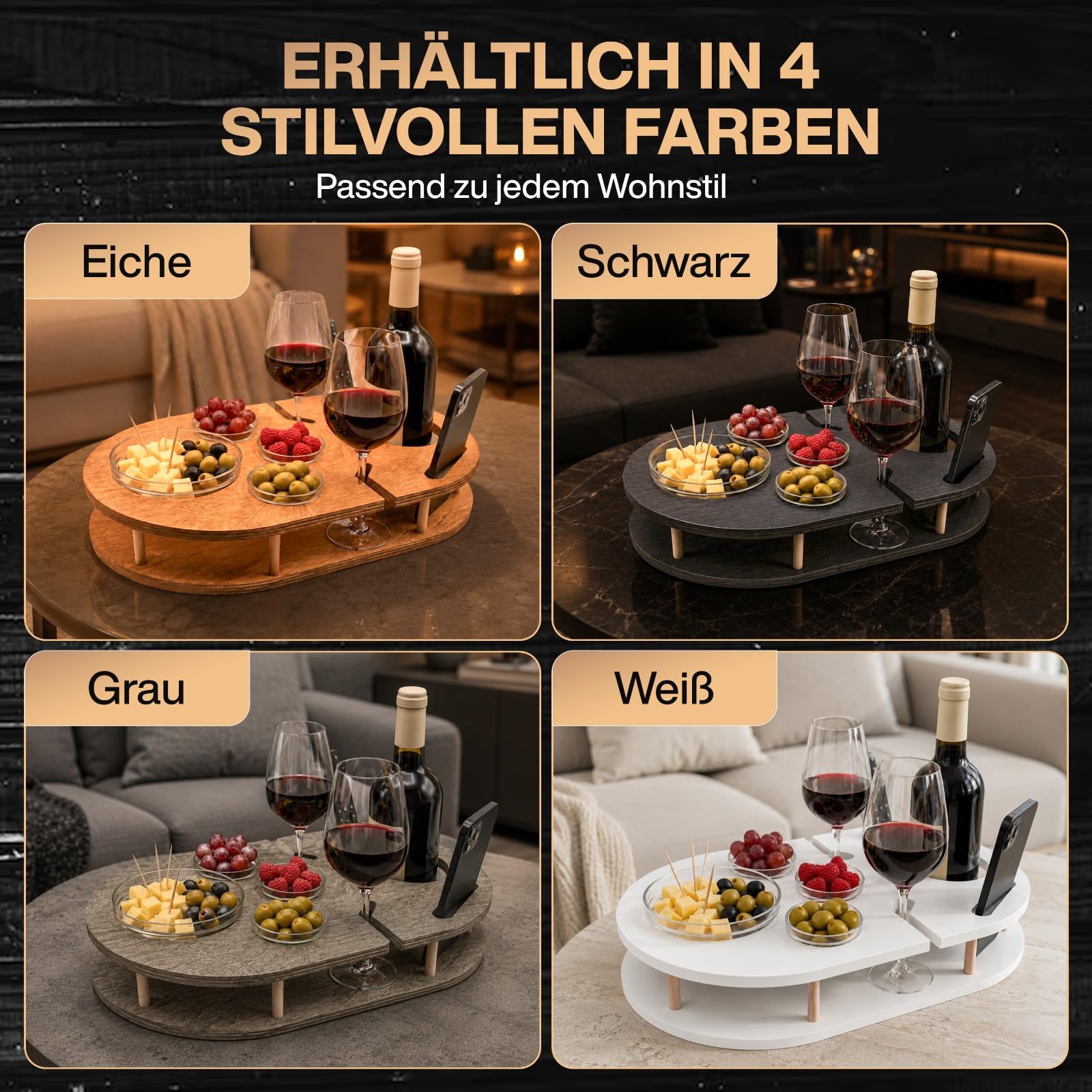 Couchbar Weinbar in Eiche mit 4 Glasschalen | PERSONALISIERBAR | Snackbox für Wein mit Getränkehalterung für Weingläser und Weinflasche | Sofabar für Snacks | Couch Bar personalisiert