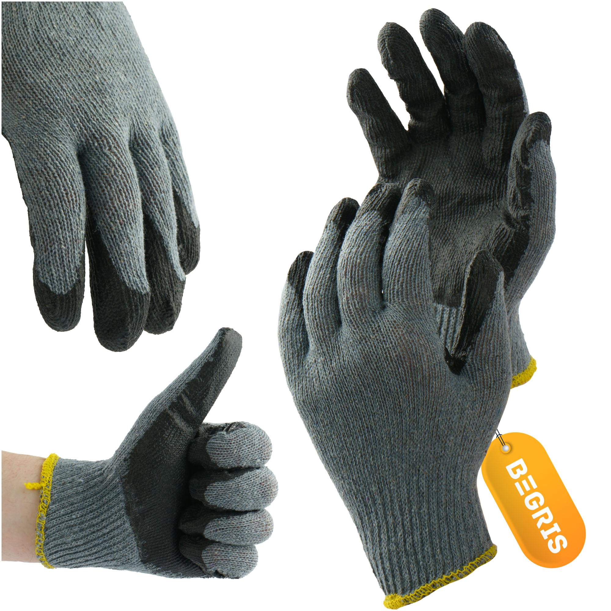 Rękawce Robocze Szaro-Czarne Rozmiar 9(L) ZESTAW 120 Par Solidne Rękawiczki z Powłoką Lateksową Wytrzymałe i Wygodne z Dzianiny Bawełnianej Unisex Odporne na Ścieranie