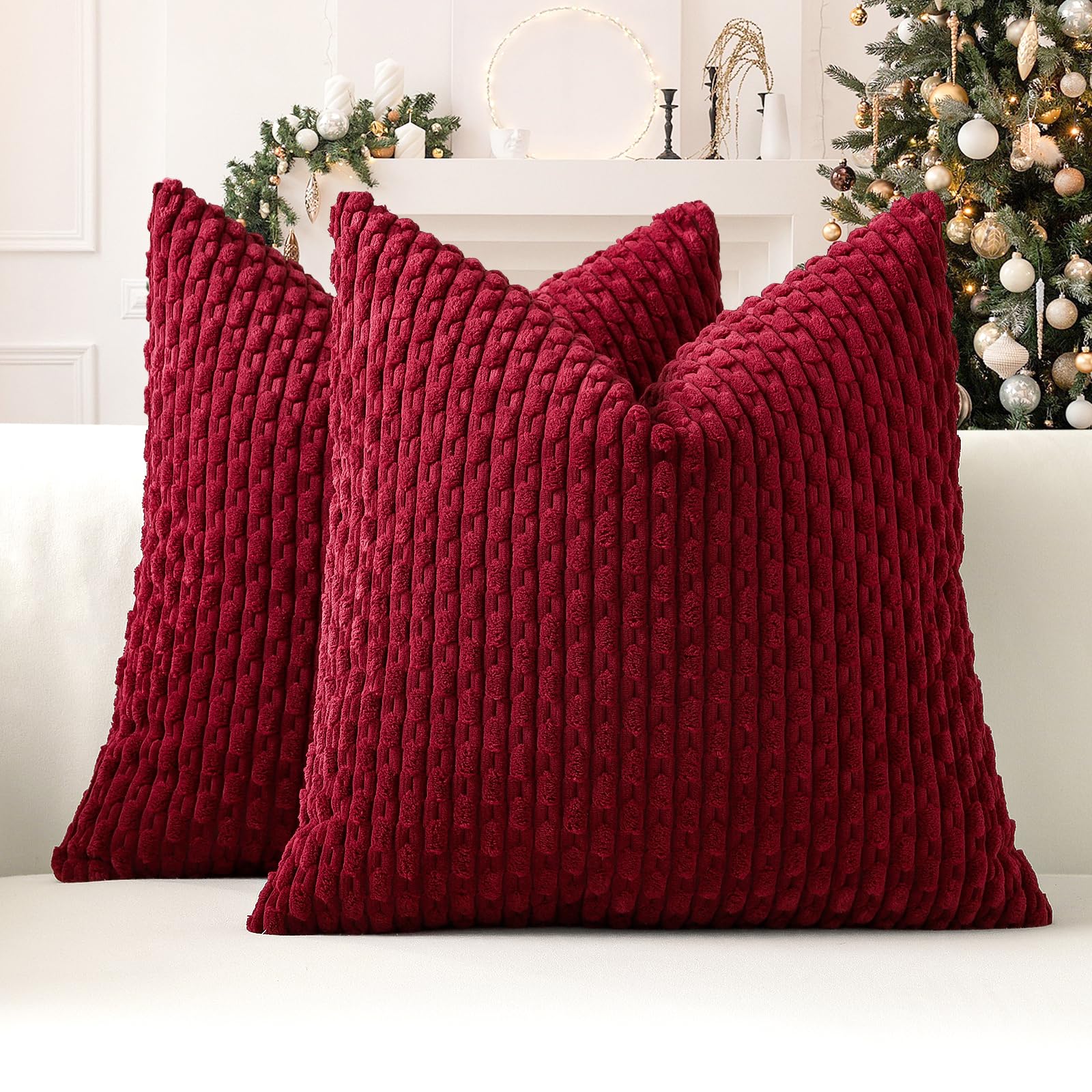 Sungeek Set of 2 Wine Red Soft Corduroy Decorative Cushion Covers Boho Striped Throw Pillow Covers for Sofa Couch Living Room Patio Farmhouse Home Decor Pillowcases 50x50cm