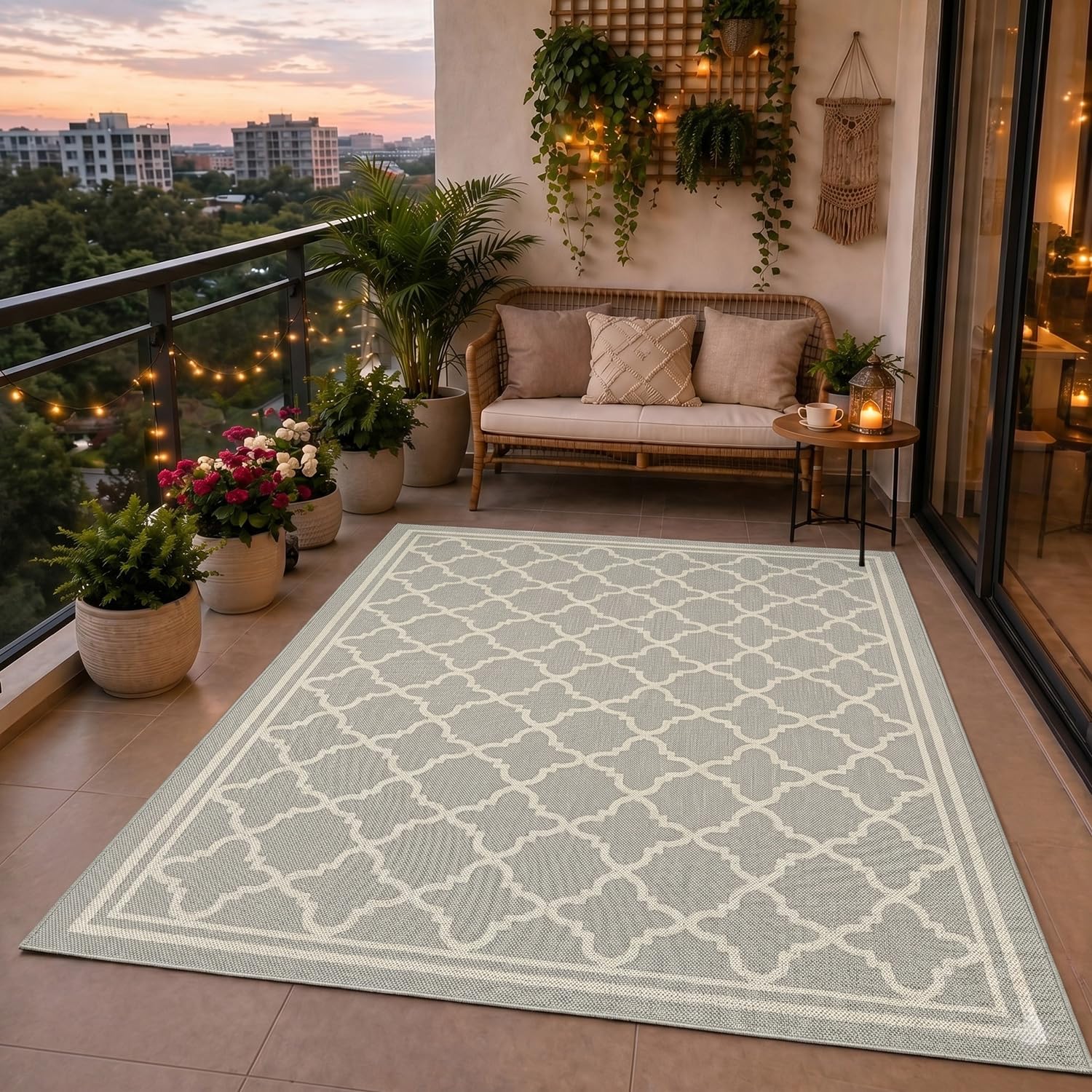 VIMODA Tappeto per interni ed esterni, tessuto piatto, per terrazzo, balcone, giardino d'inverno, robusto, design marocchino, colore beige, misure: 140 x 200 cm