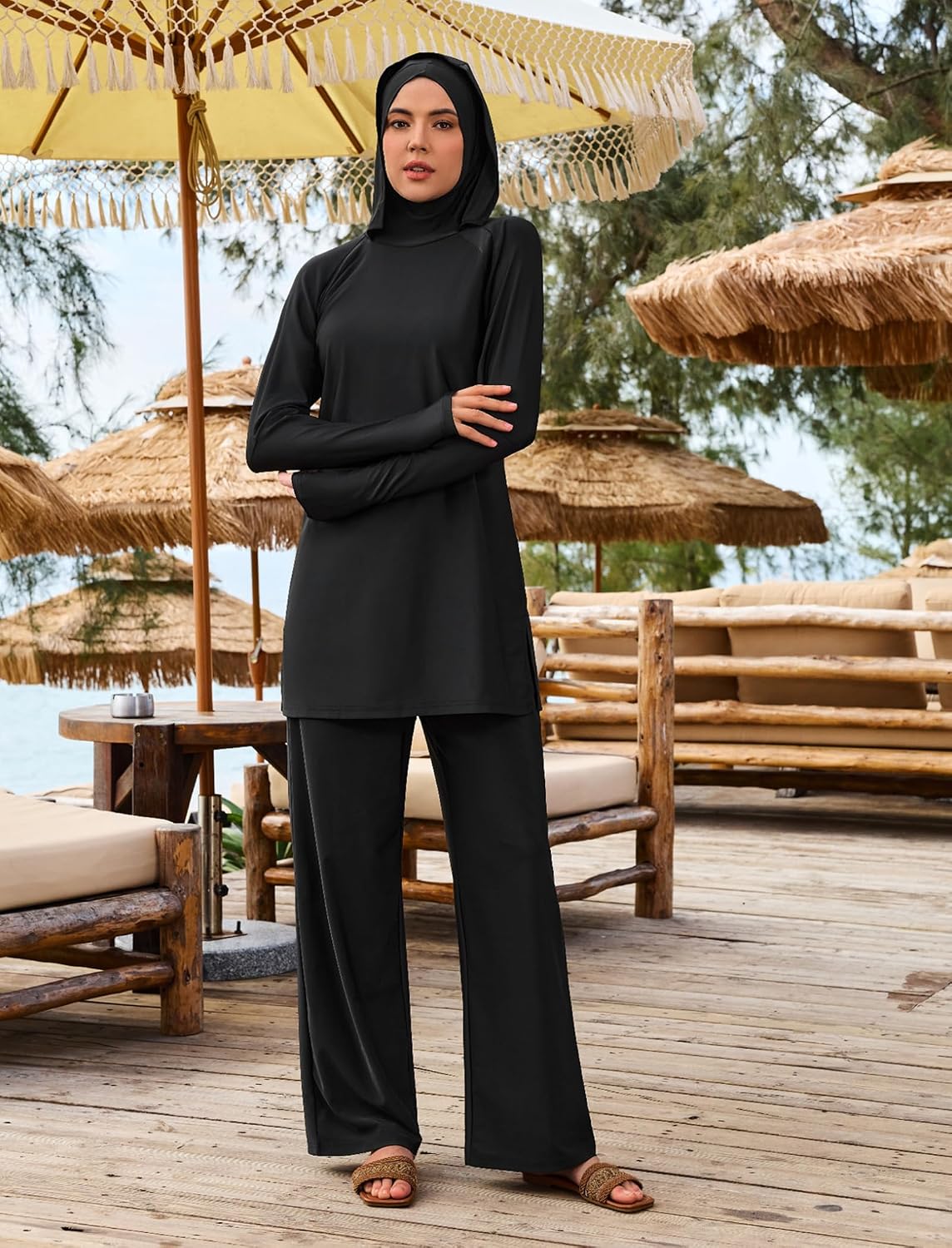 OBEEII Women Muslim Burkini Swimsuit Long Sleeve Hooded Full Cover Islamic Modest Bathing Suit Hijab Swimwear Rash Guard