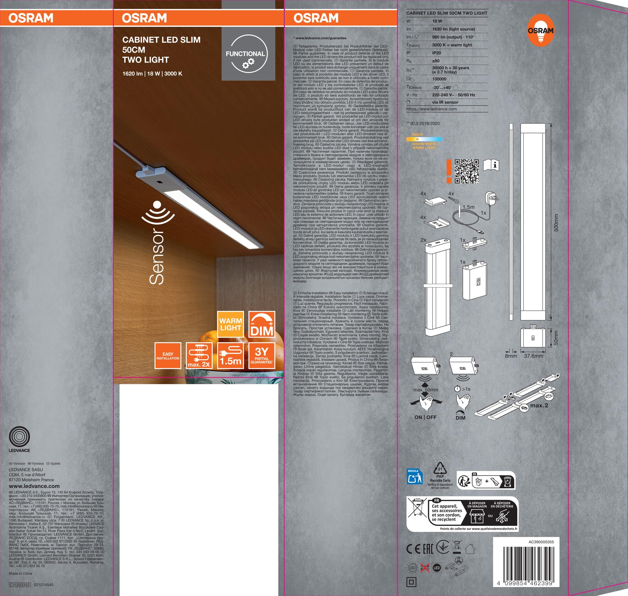 OSRAM kit 2 plafoniere LED 300mm con sensore automatico | Cabinet LED Slim, Ceiling Luminaire, Bianco, dia, 30000 h, confezione da 1