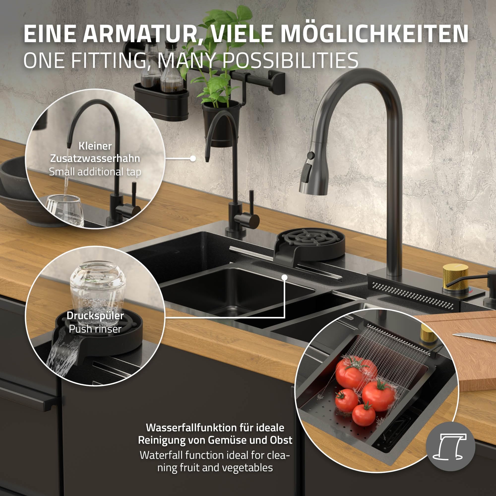 ML-Design Évier Multifonction Inox 80x46 cm Anthracite, Évier de Cuisine Encastré Rectangulaire, avec Robinet avec Douchette Extractible Distributeur de Savon et Autres Accessoires, 1 Bac Lavabo