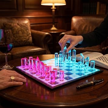 OnDisplay 3D Luxe Acrylic Fire & Ice LED Light Glowing Chess Set - Luxury Laser Cut Chessboard Executive Board Game (Clear/Neon Red)