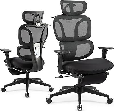 Ergonomic Office Chair- Mesh High Back Desk Executive Computer Chair with Hanger, 3D Lumbar Support, Adjustable Headrest and Footrest- Home Office Swivel Task Chair