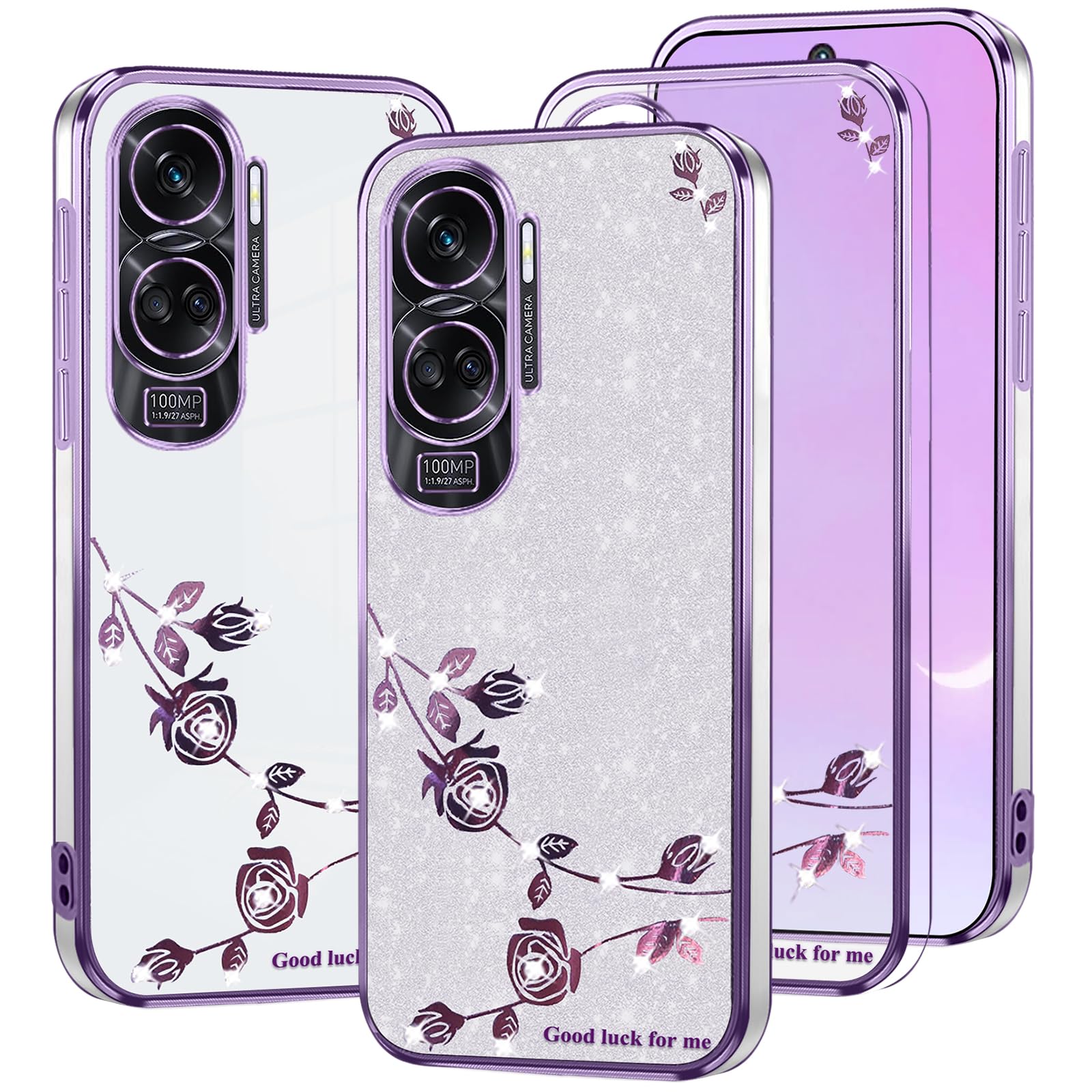 XINYEXIN Cover Glitter per Honor 90 Lite 5G, Custodia Bling Brilla Ultrasottile Trasparente Antiurto, Carino Scintillante con Donne e Ragazze - Viola