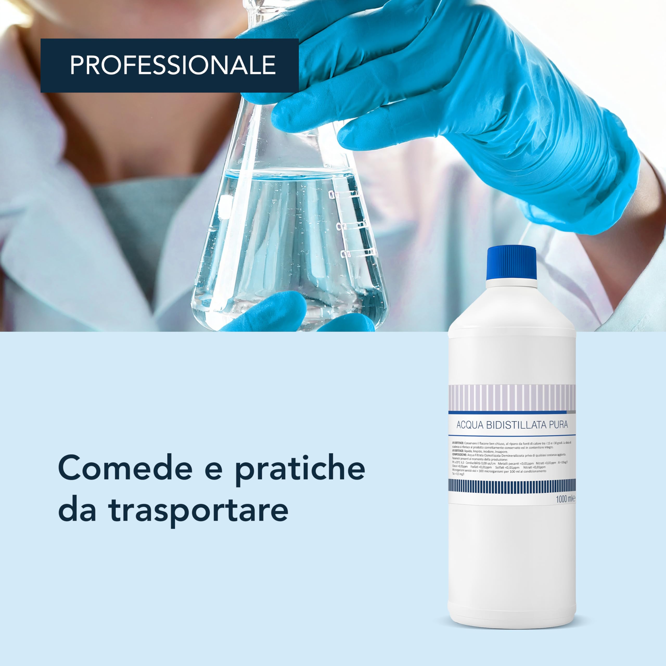 Acqua Bidistillata pura per uso clinico ed industriale 2 flaconi da 1 litro, Distillata due volte, Demineralizzata, Made in Italy