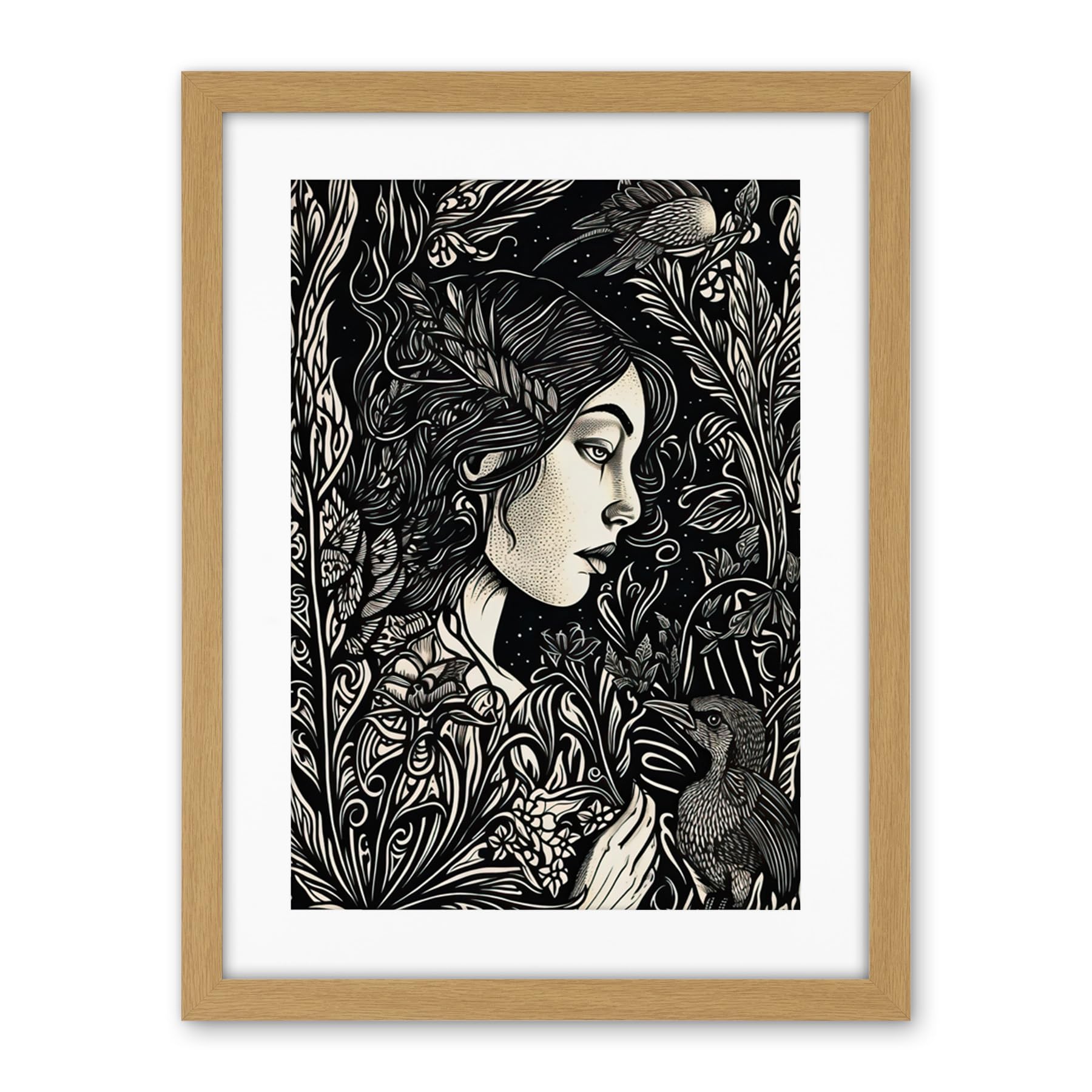Artery8 Woman with Crow in a Field Black and White Linocut Artwork Framed Wall Art Print 18X24 Inch