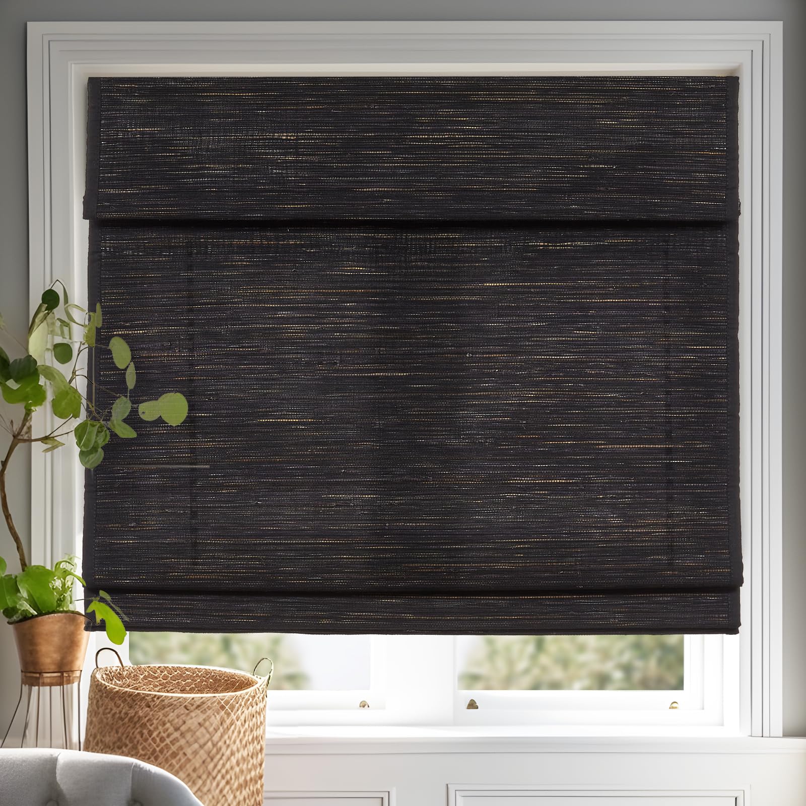 Persilux Cordless Roman Shades for Windows, Linen Natural Fabric Window Blinds, Privacy Roman Blinds for Windows Shades for Home Kitchen Door, Black(Privacy Liner,Block 60%-80% Light), 69