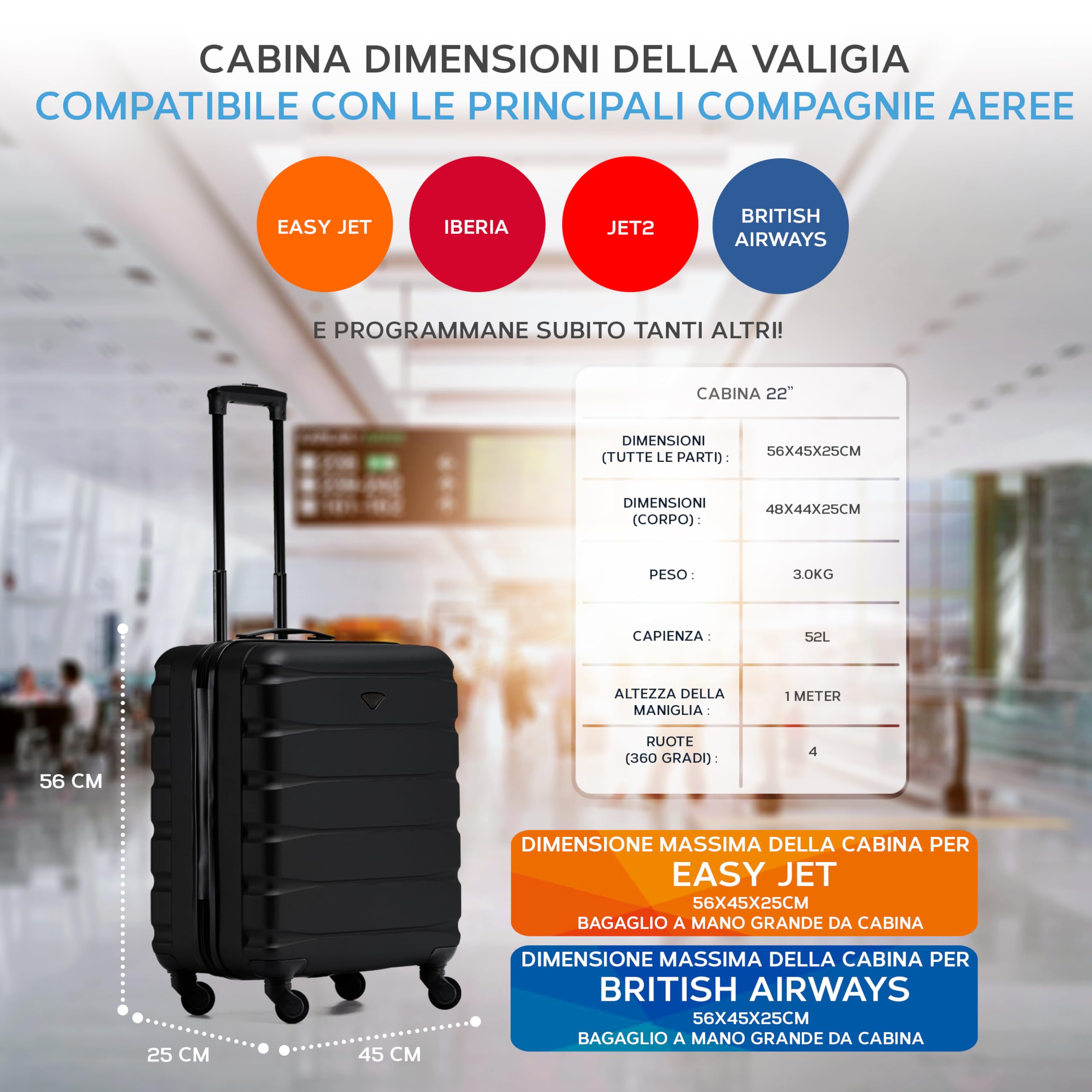 Flight Knight ABS Valigia Cabina Compatibile con Air France, Hop! easyJet, Ryanair E Molti altri! Bagaglio a mano Legere Borsa Cabina con 4 ruote, Nero/Nero, 56x45x25cm (TSA), bagaglio a mano,