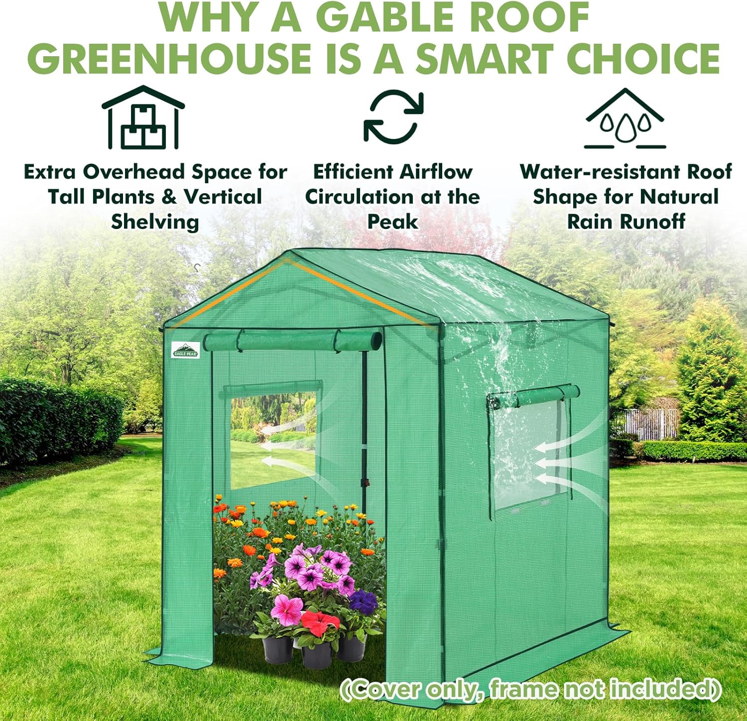 EAGLE PEAK Replacement Cover for 6x6 Gable Roof Pop up Greenhouse, Front and Rear Roll-Up Zipper Entry Doors and 2 Large Roll-Up Side Windows (Frame Not Included), Green
