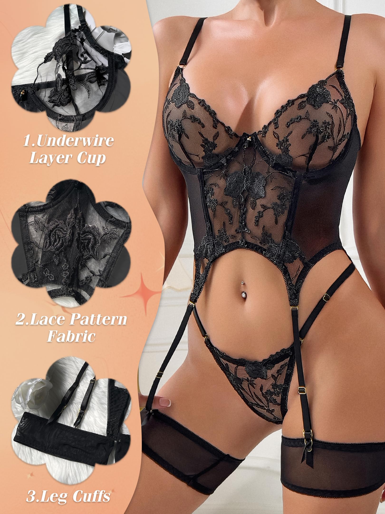Sexy Lingerie Sets for Women Classy,Lace Womens Corset Teddy Lingerie 3 Piece with Garter Belt: Black Small