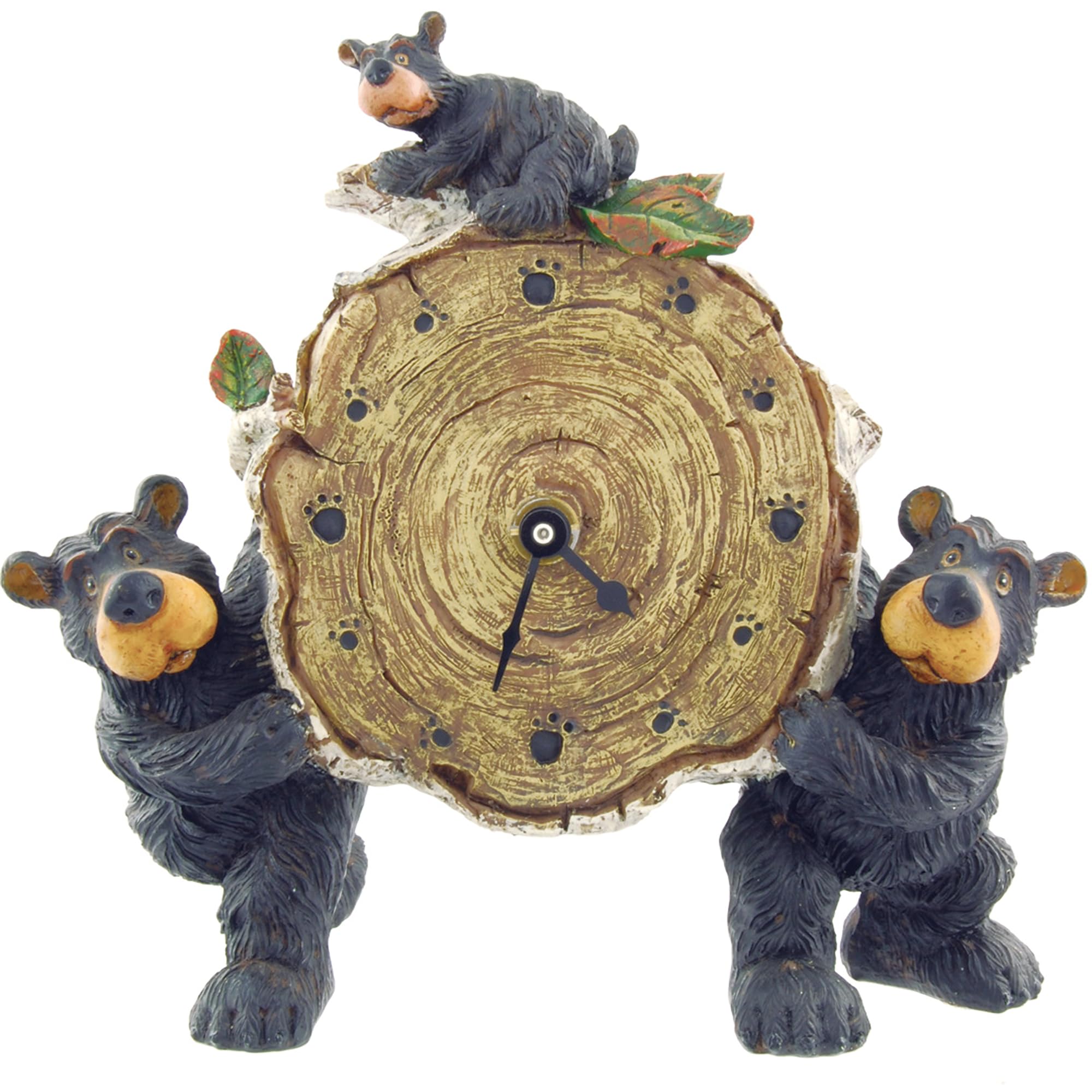 Willie Black Bear with Cub Holding a Birch Log Clock 8"