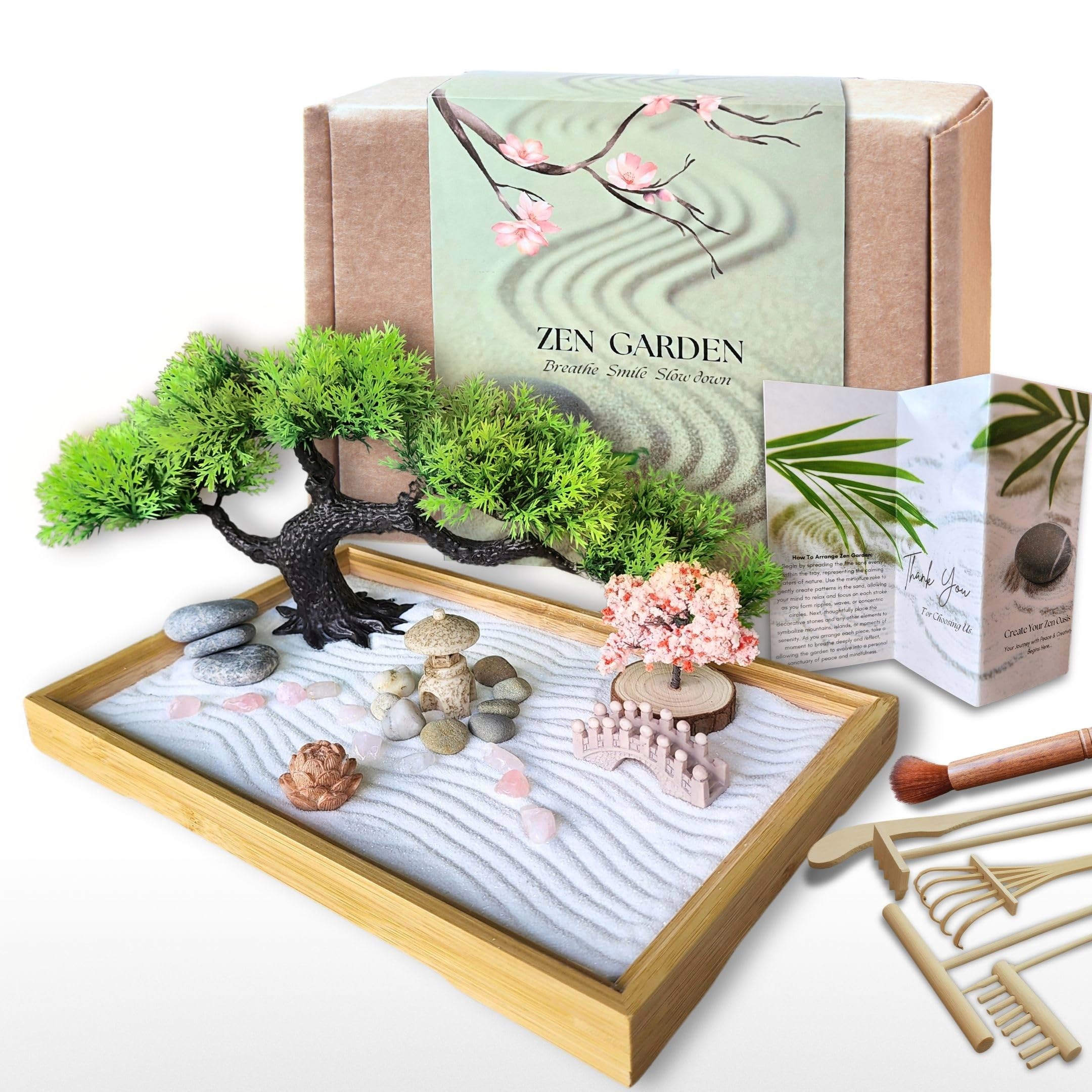 Earthy Blendz Zen Garden for Desk – Mini Japanese Rock Garden with Crystals, Bonsai Tree & Sand Tools,11x7.5in Stress Relief Desk Decor, Meditation &