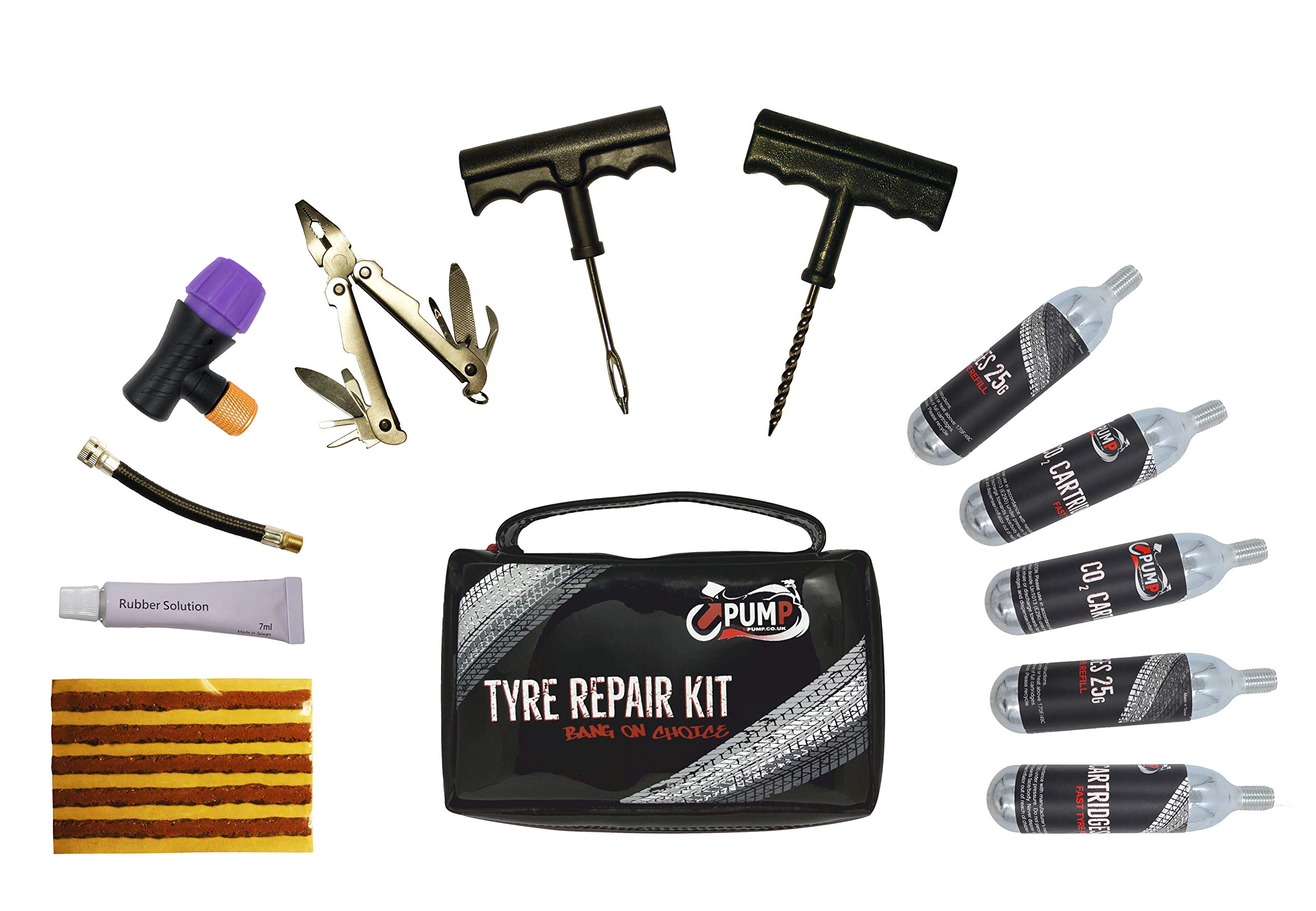 Kit Riparazione Pneumatici Tubeless UPOMP Con CO2 - 5 Cartucce Da 25g, Per Auto, Moto, Furgoni, Riparazioni Fino A 6 Mm