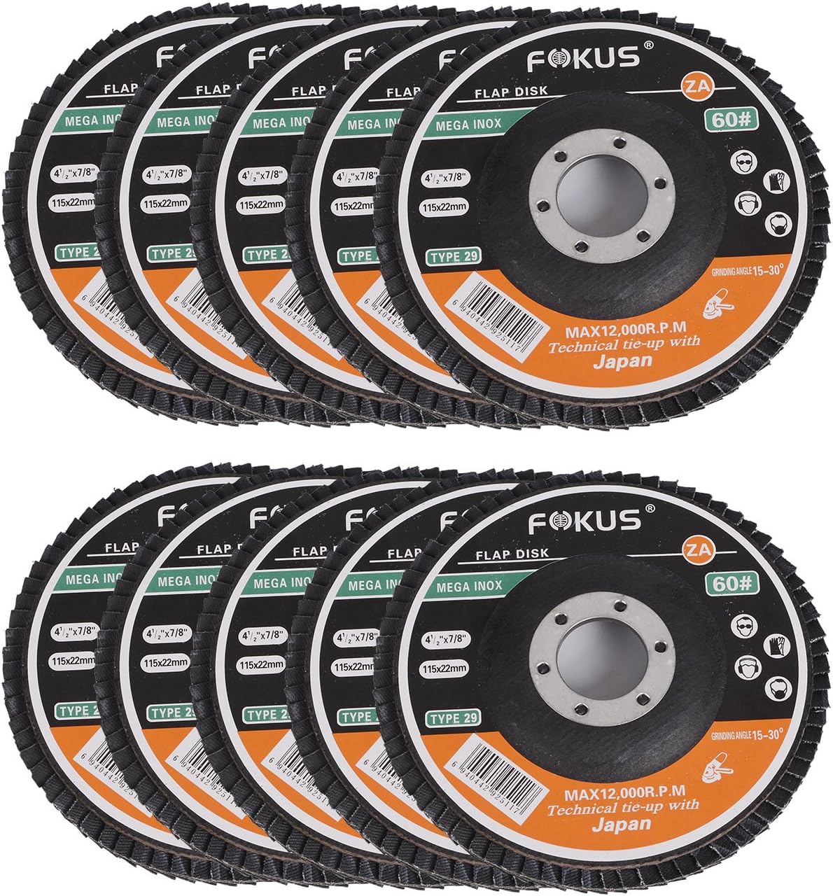 Fokus 10 Pack 4-1/2''x 7/8'' Premium Zirconia Flap Disc Grinding Wheel Type 29 Angel Grinder (Grit 60#)